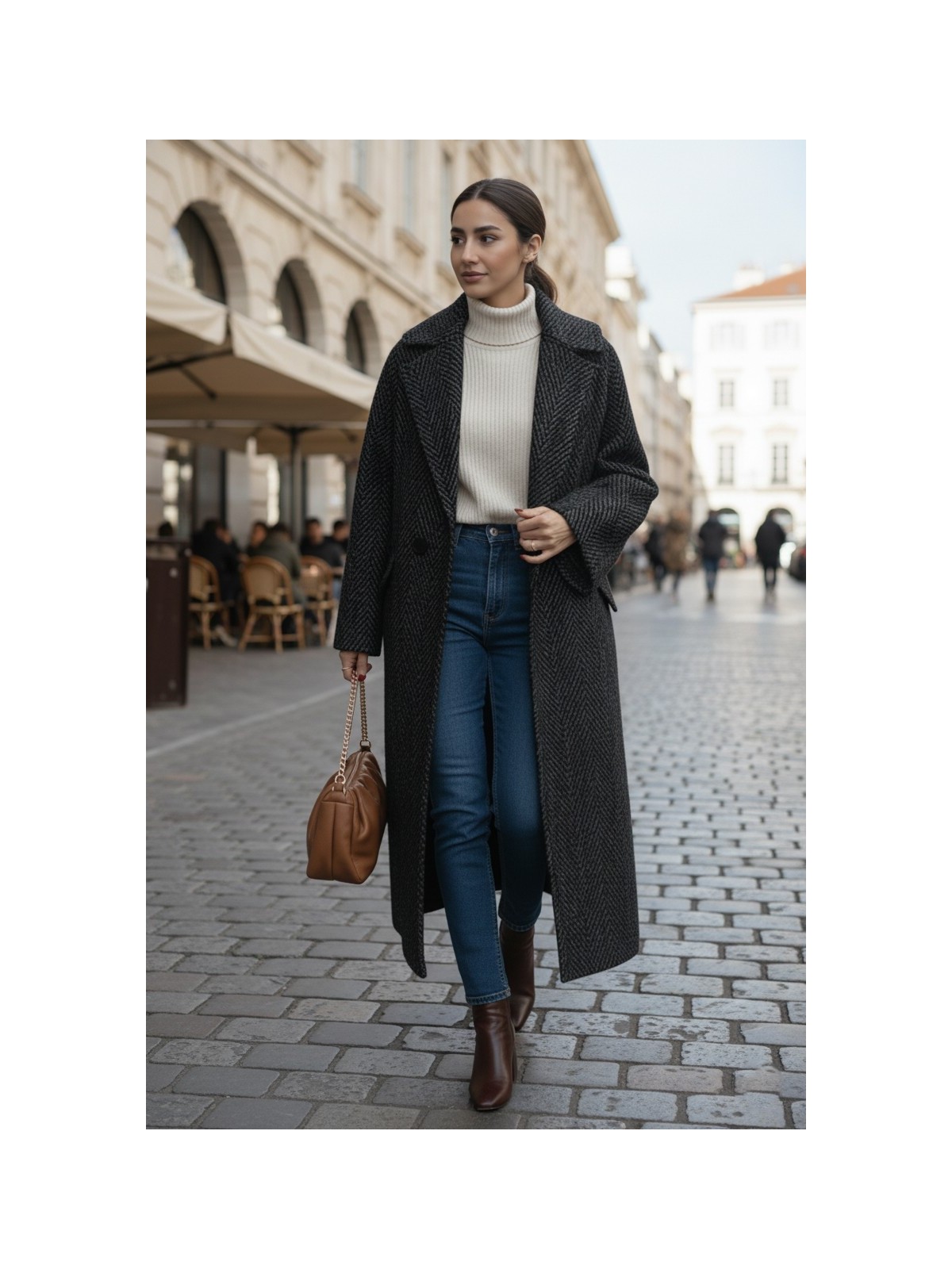 Balık Sırtı Desenli Astarlı Kışlık Kadın Uzun Kaşmir Kaban