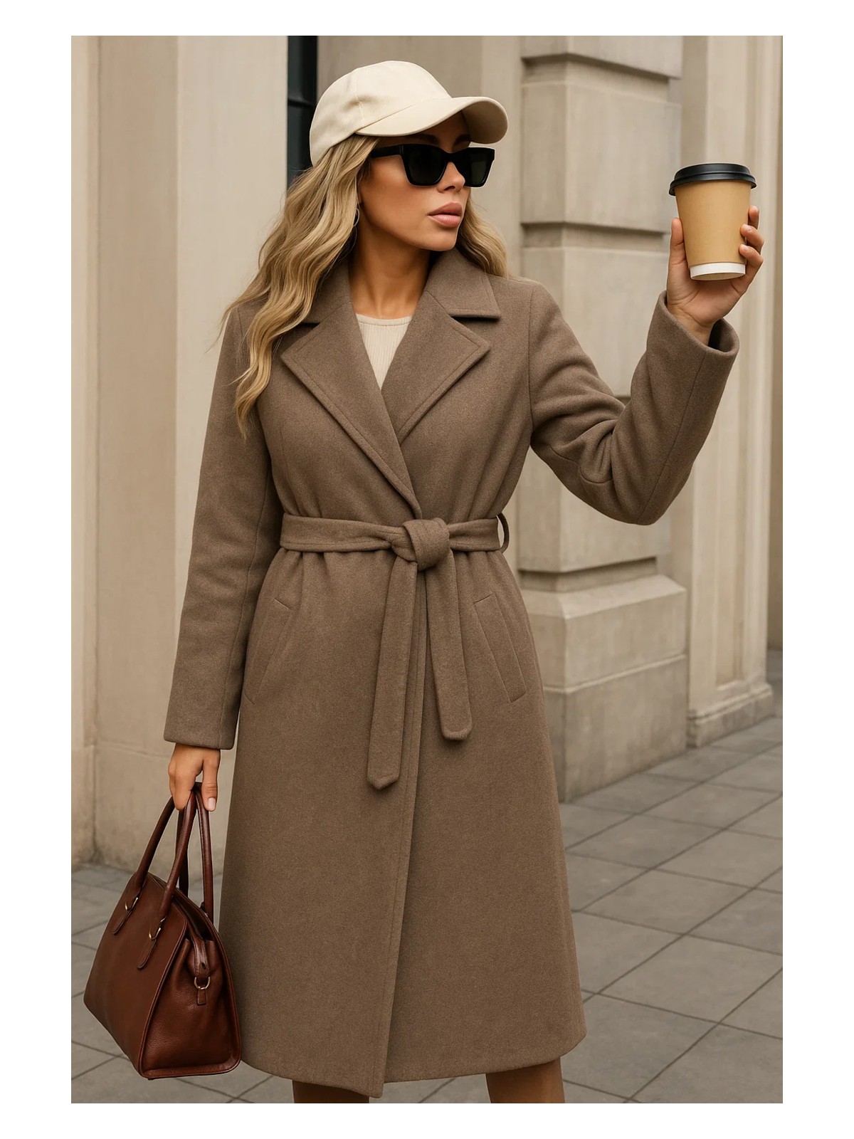 Comstar Kadın Kışlık Trend Kuşaklı Uzun Vizon Kaşe Kaban