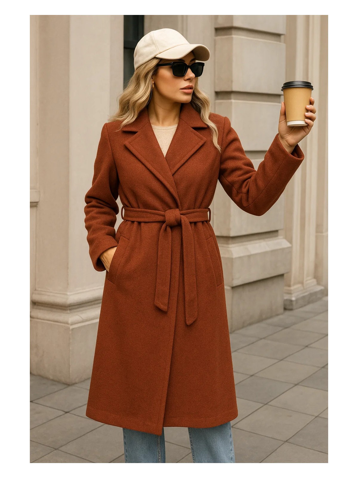 Comstar Kadın Kışlık Trend Kuşaklı Uzun Krem Kaşe Kaban - Görsel 5