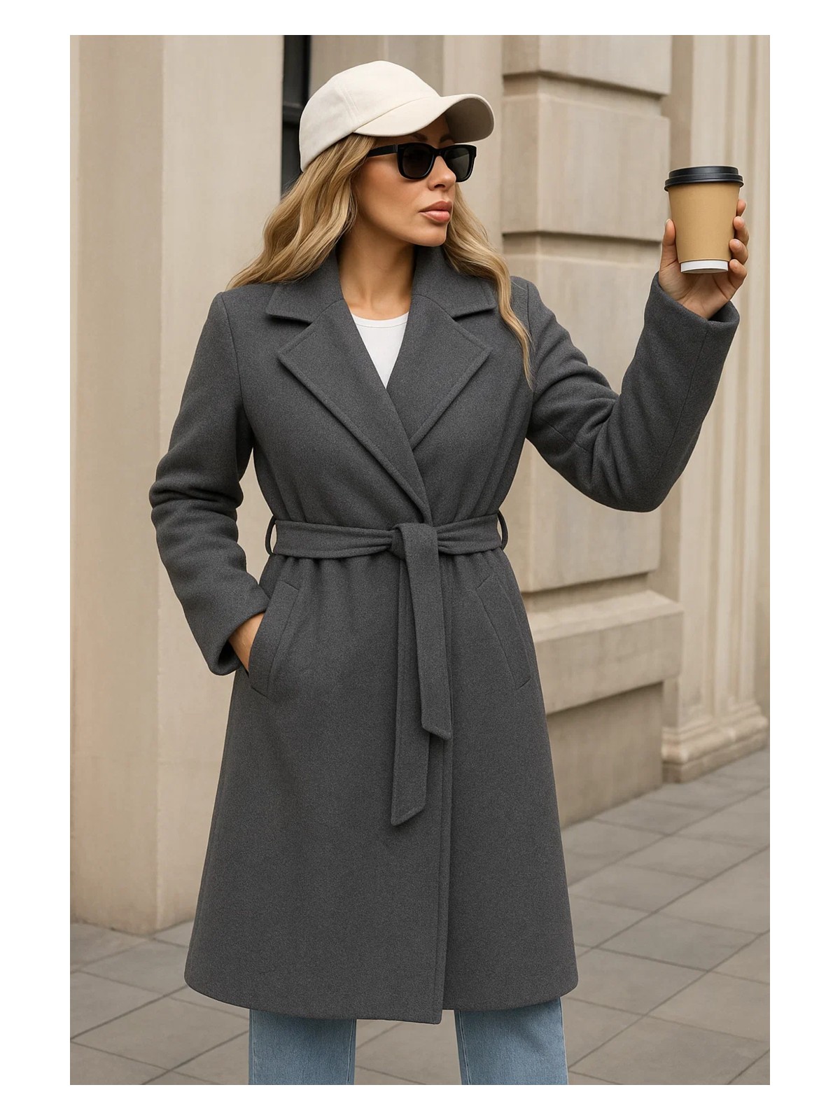 Comstar Kadın Kışlık Trend Kuşaklı Uzun Füme Kaşe Kaban