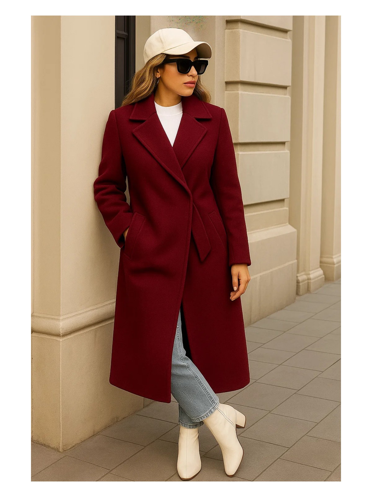 Comstar Kadın Kışlık Trend Kuşaklı Uzun Bordo Kaşe Kaban - Görsel 4
