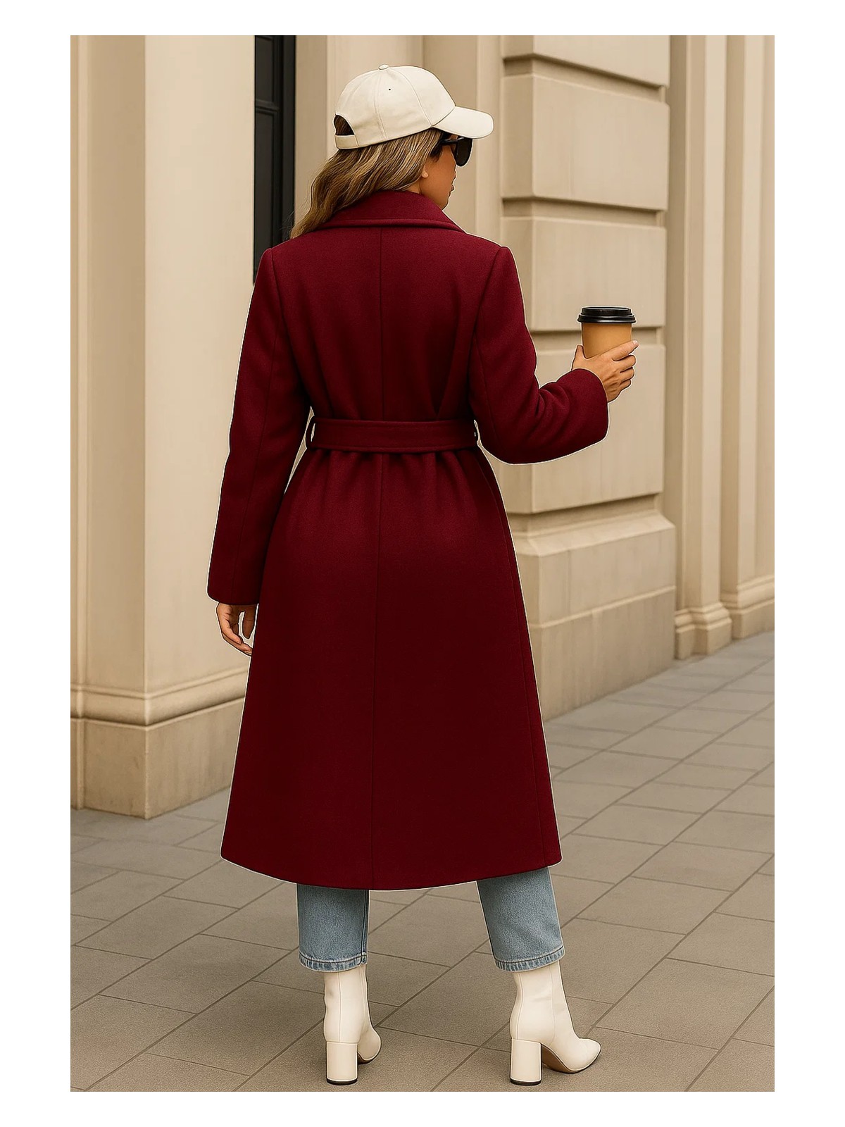 Comstar Kadın Kışlık Trend Kuşaklı Uzun Bordo Kaşe Kaban - Görsel 6