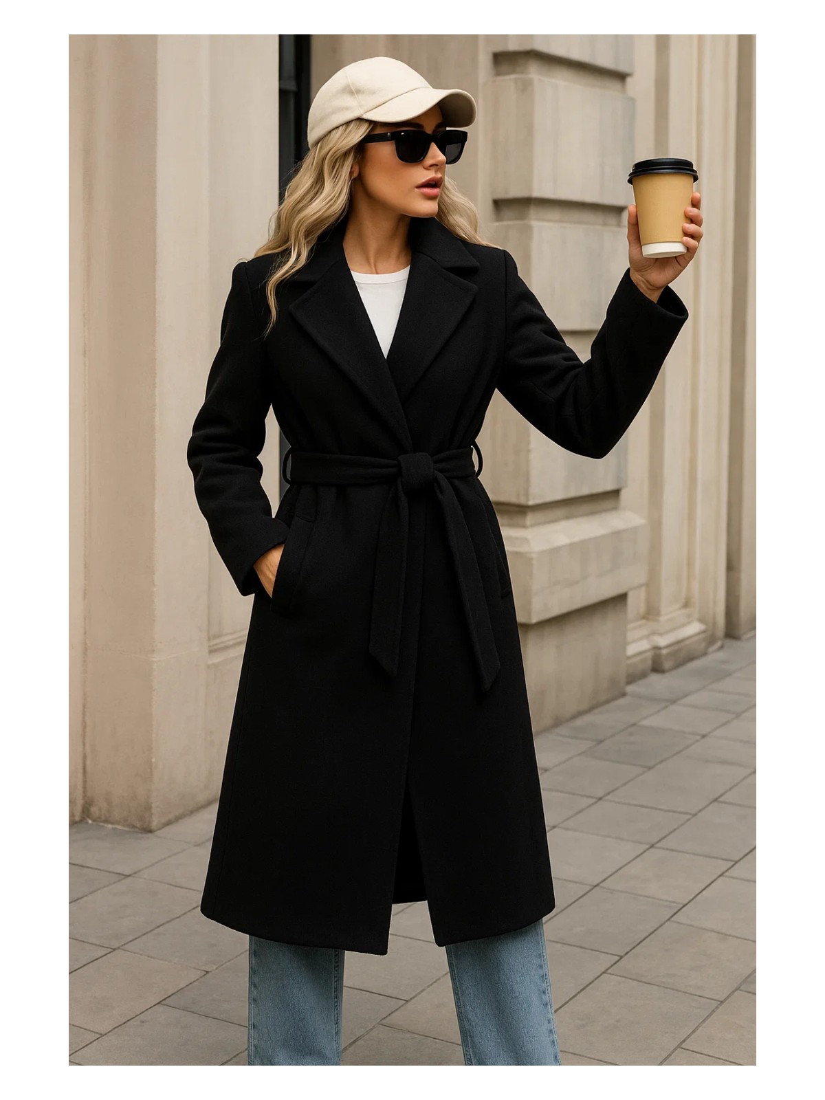 Comstar Kadın Kışlık Trend Kuşaklı Uzun Beyaz Kaşe Kaban - Görsel 9