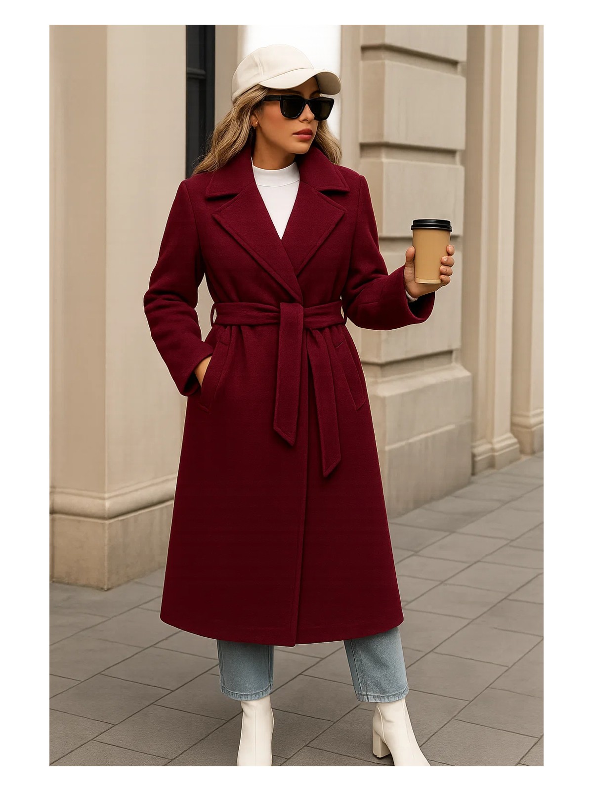 Comstar Kadın Kışlık Trend Kuşaklı Uzun Beyaz Kaşe Kaban - Görsel 7