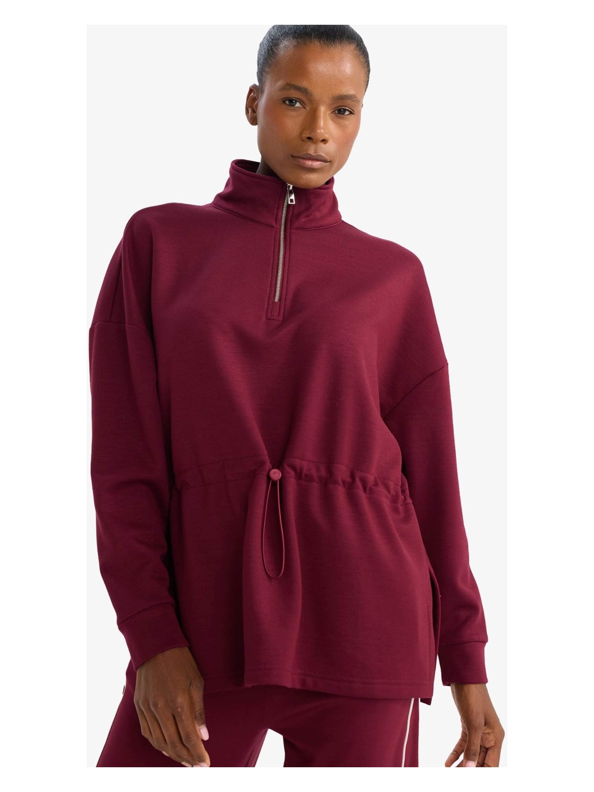 DeFacto Long Fit Dik Yaka Beli Lastikli Yarım Fermuarlı Modal Sporcu Sweatshirt G4367AX25WN