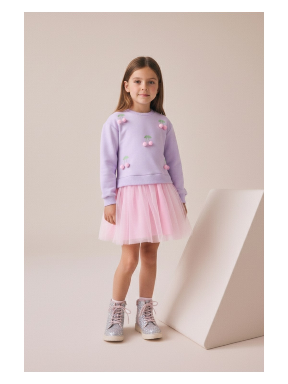 Minipodyum Kiraz Detaylı Tüllü Kız Çocuk Elbise