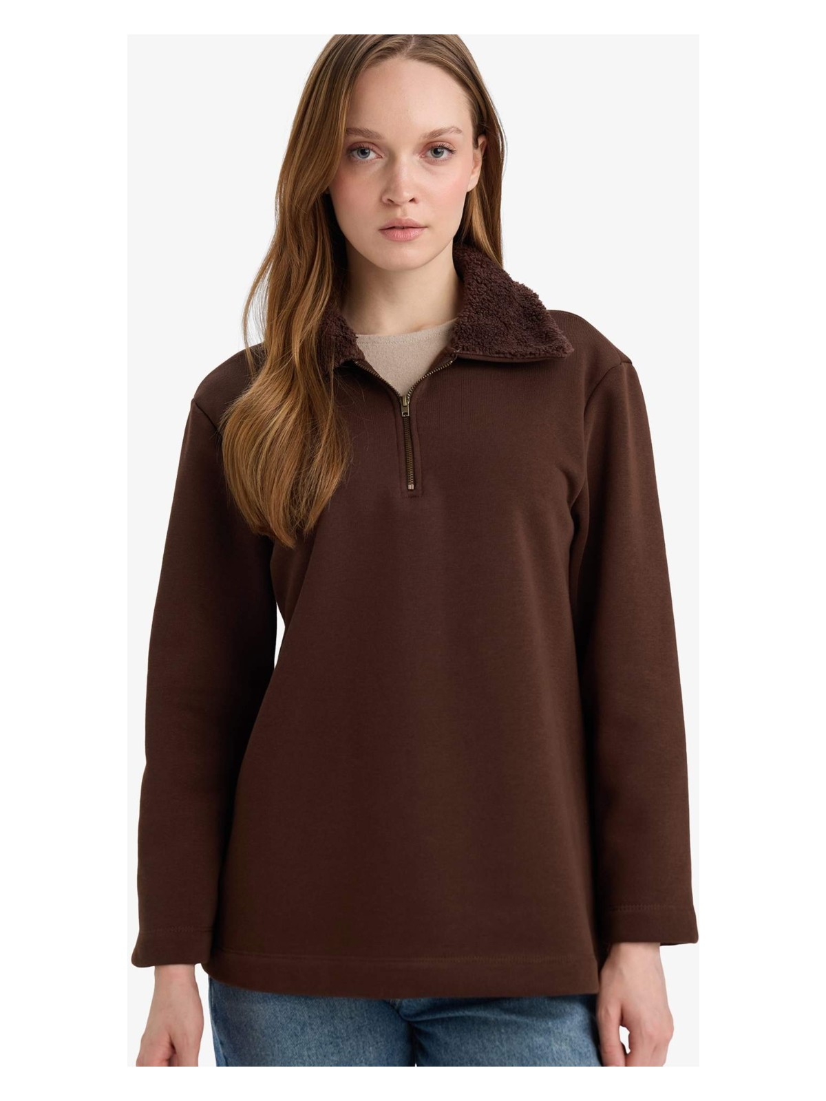 DeFacto Regular Fit Fermuarlı Yaka İçi Yumuşak Tüylü Kalın Sweatshirt Tunik G3853AX25WN