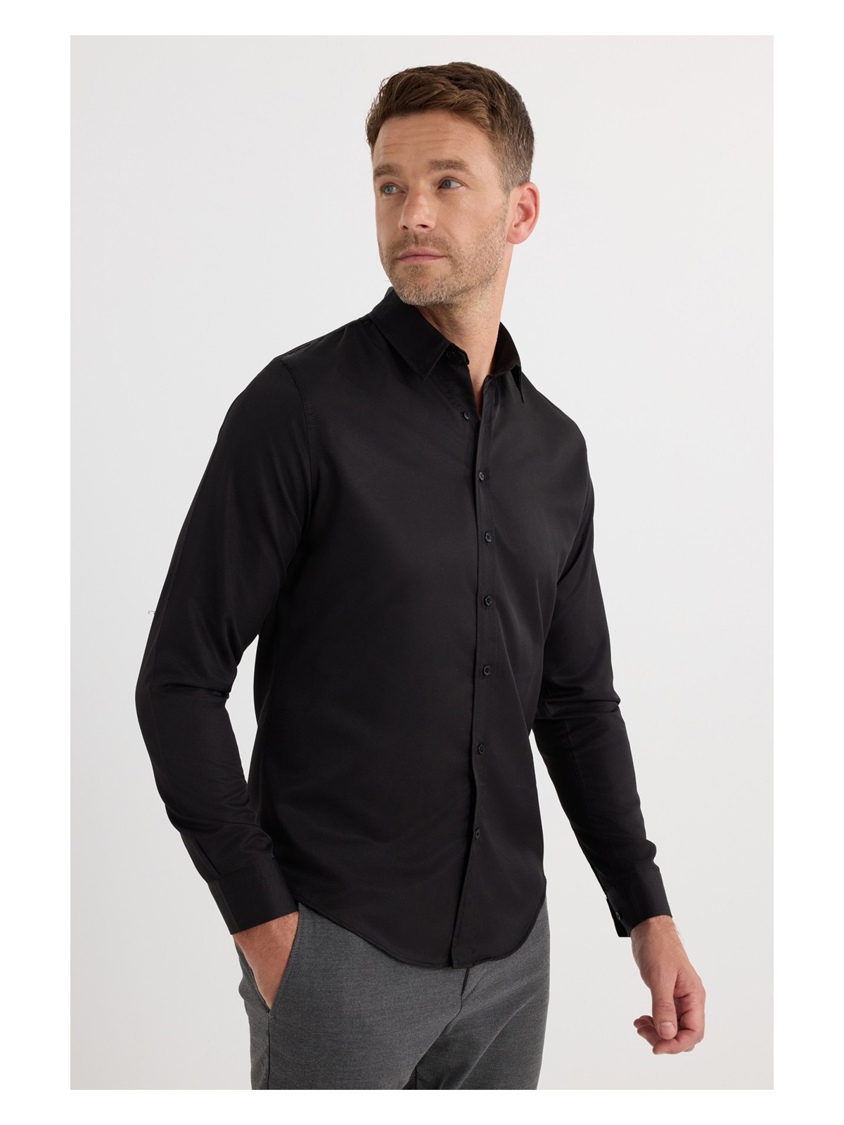 Tudors Slim Fit Uzun Kollu Kolay Ütü Teri Emen Nefes Alan Doku Kravatlık Dört Mevsim Siyah Erkek Gömlek