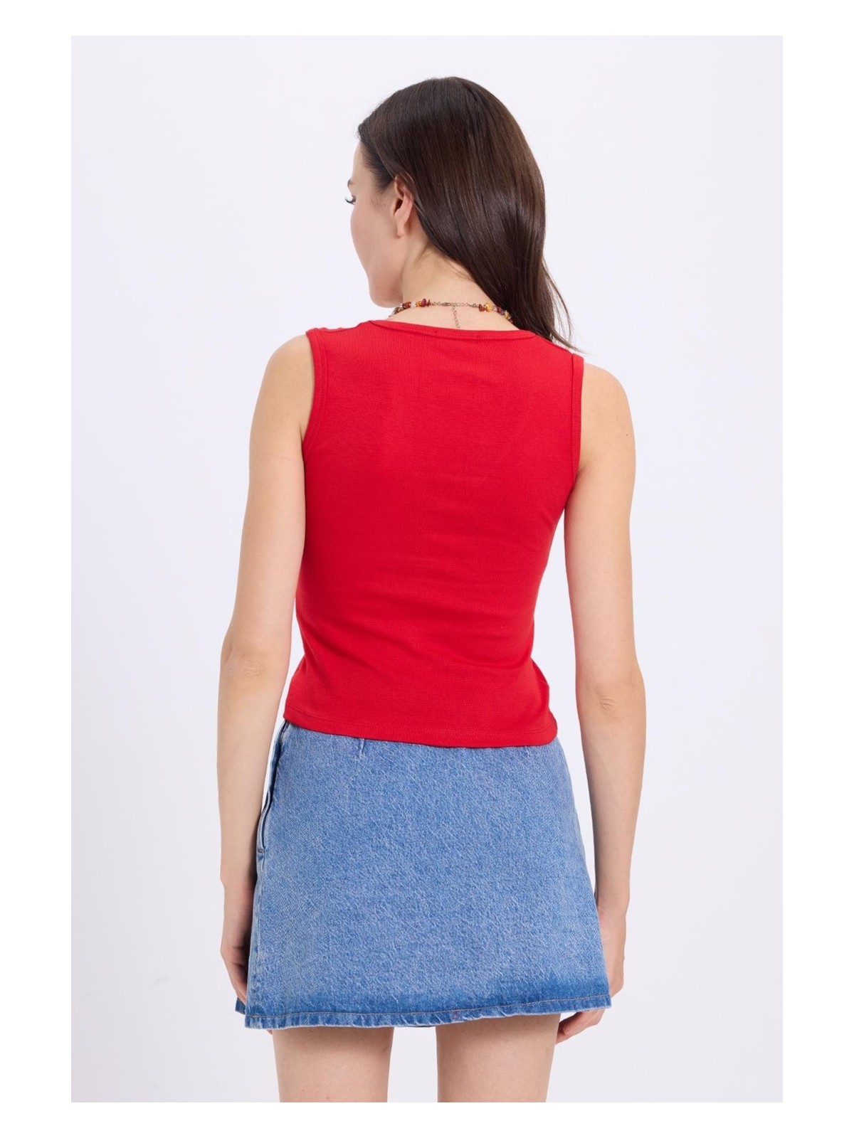 Tudors Kadın Slim Fit Dar Kesim V Yaka Sıfır Kol Pamuklu Ribanalı Kırmızı Bluz - Görsel 7