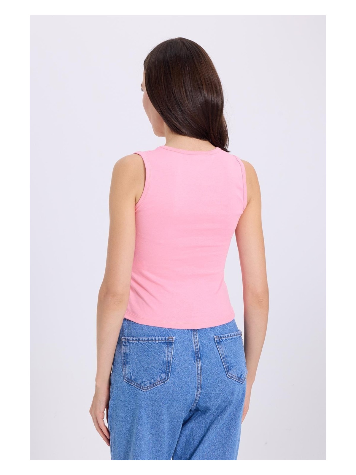 Tudors Kadın Slim Fit Dar Kesim V Yaka Sıfır Kol Pamuklu Ribanalı Pembe Bluz - Görsel 7