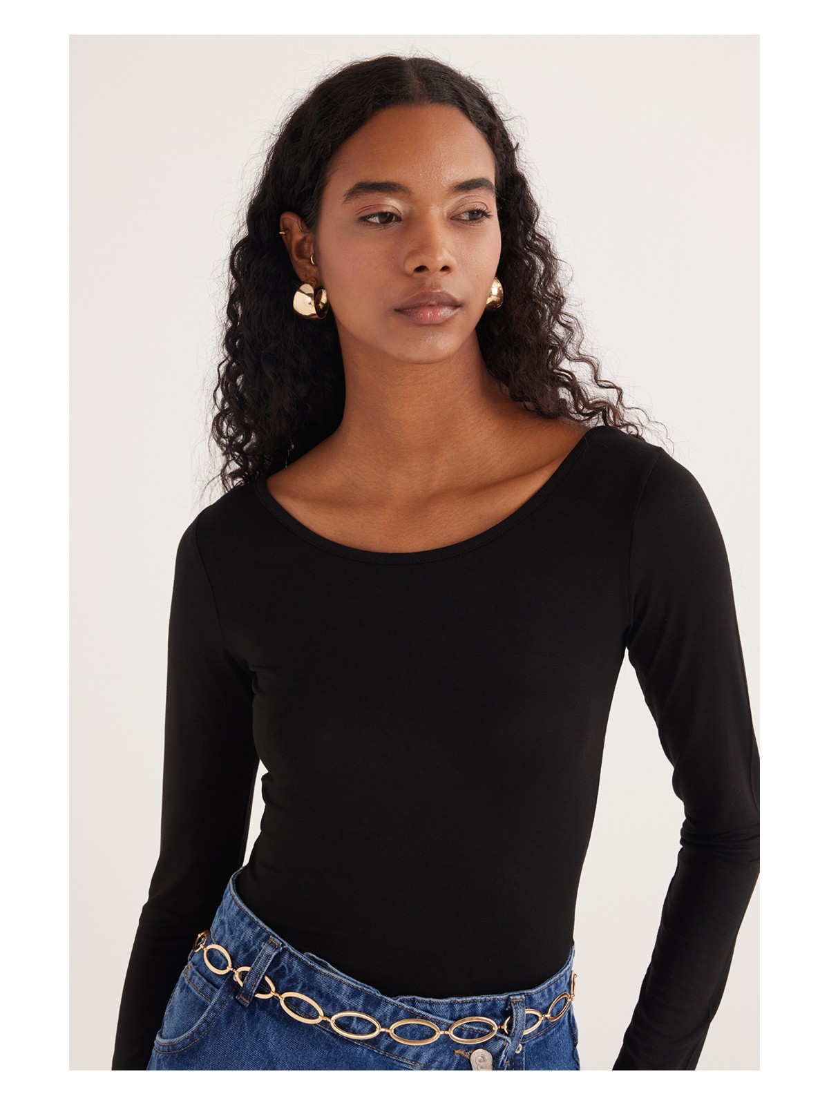 Tudors Kadın Slim Fit Dar Kesim Uzun Kollu Viskon Siyah Bluz