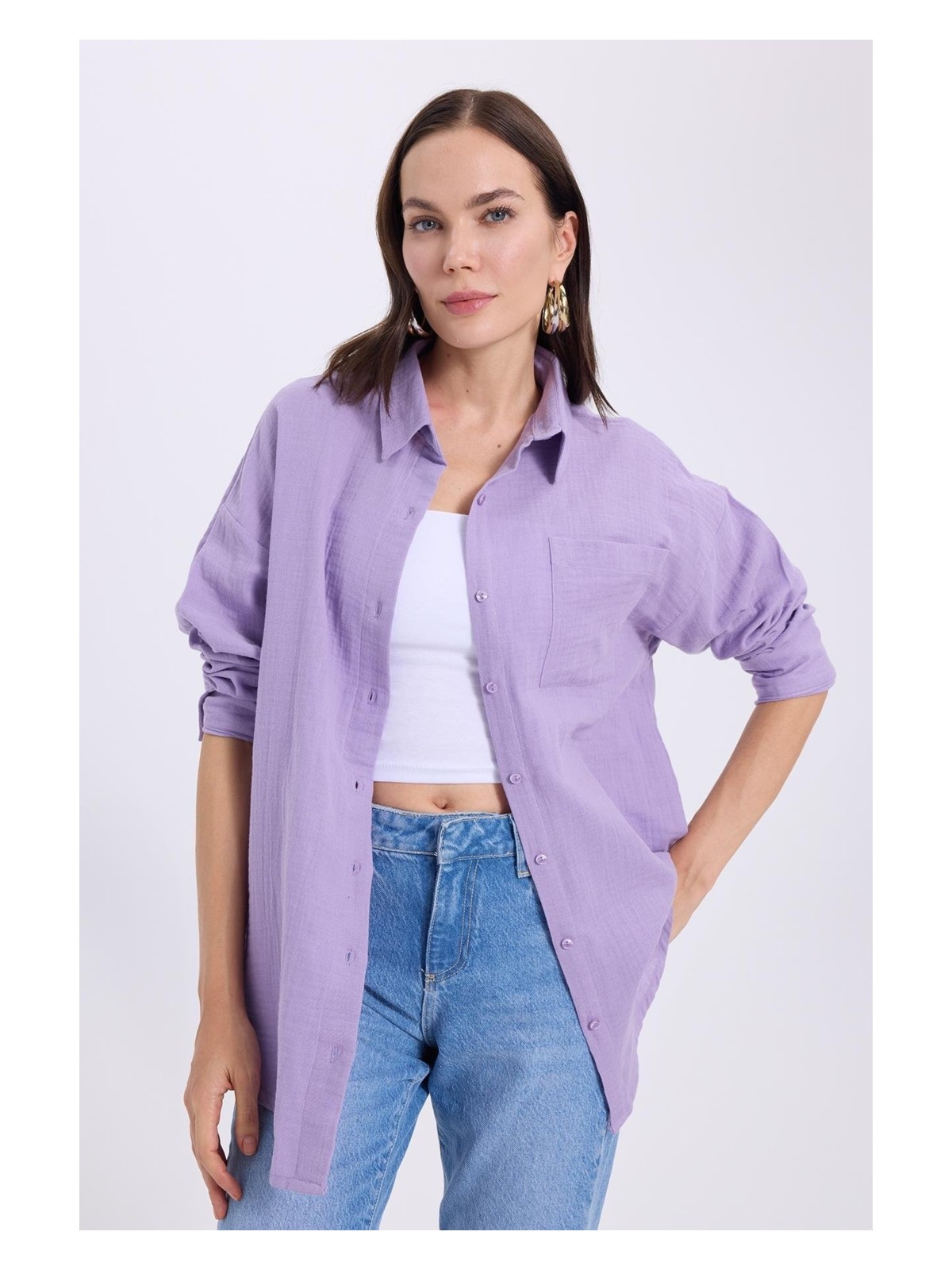 Tudors Kadın Oversize Geniş Kesim %100 Pamuk Müslin Kumaş Uzun Kollu Cepli Dokulu Bordo Gömlek - Görsel 6