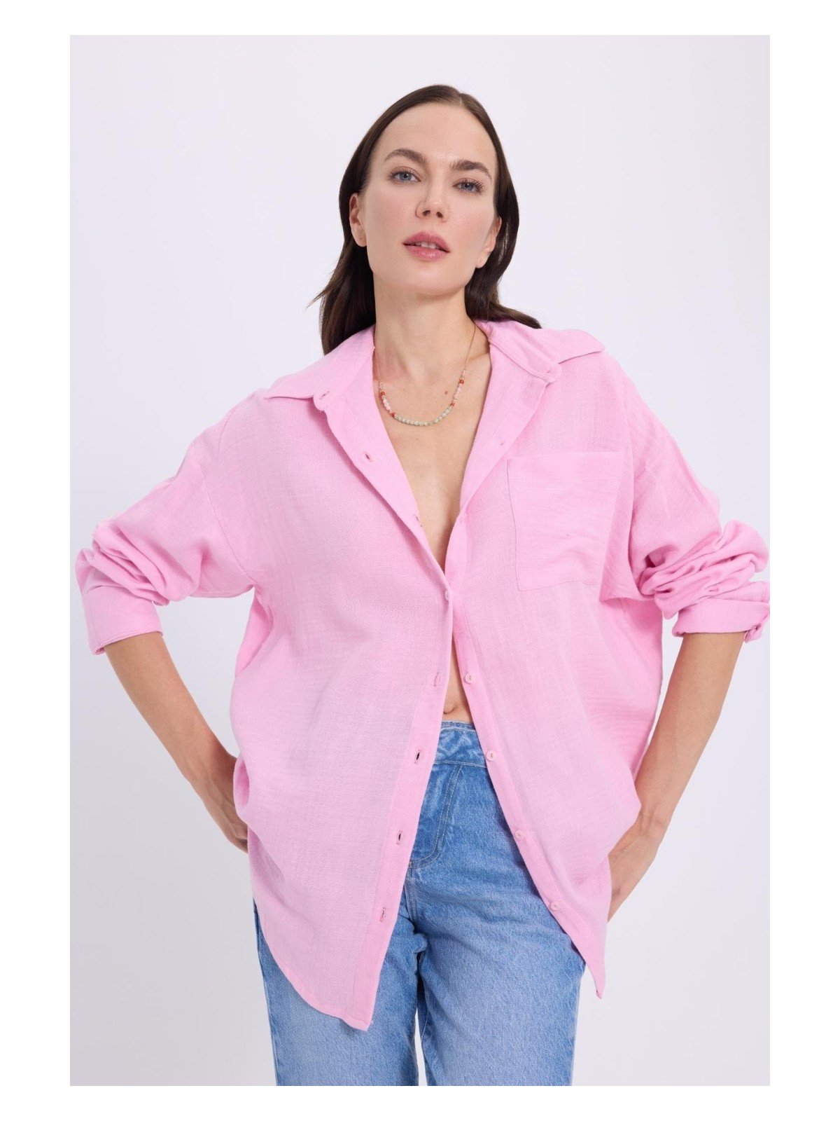 Tudors Kadın Oversize Geniş Kesim %100 Pamuk Müslin Kumaş Uzun Kollu Cepli Dokulu Bordo Gömlek - Görsel 5