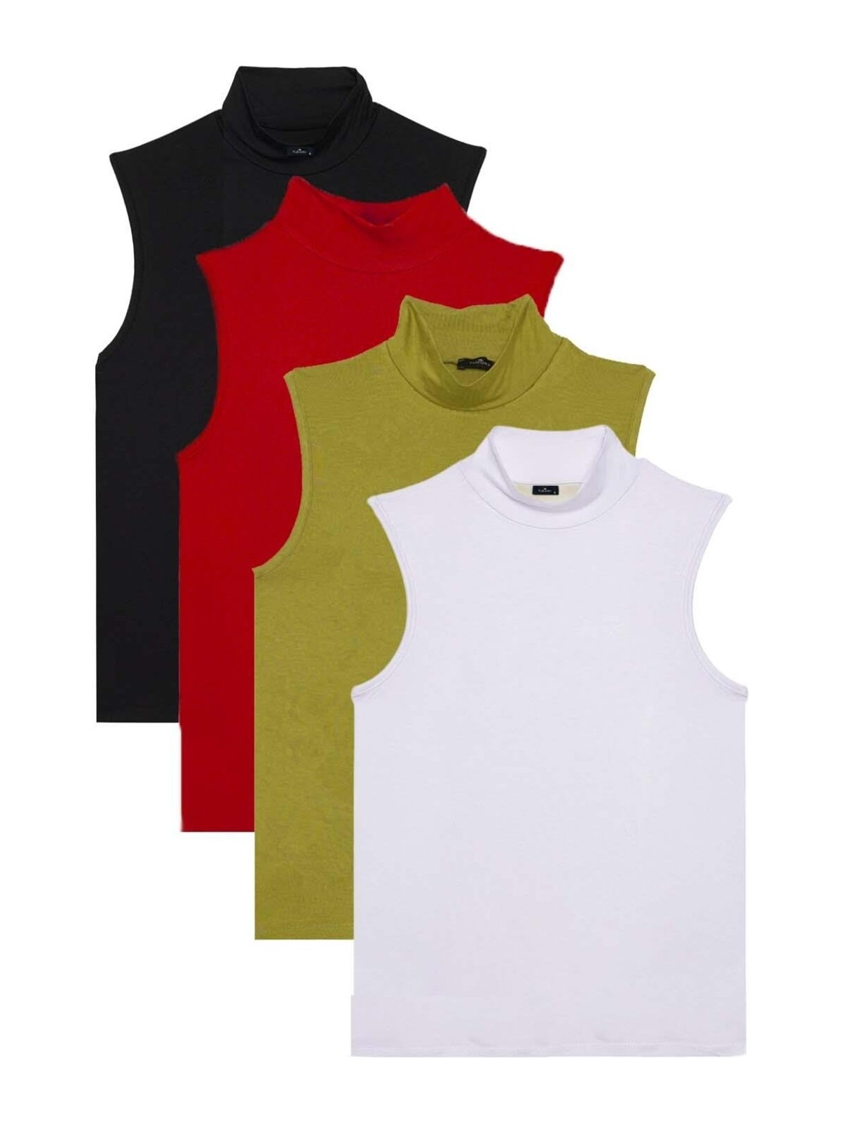 Tudors Kadın 4'lü Paket Siyah-Kırmızı-Yeşil-Beyaz Regular Fit Viskon Kumaş Balıkçı Yaka Sıfır Kol Bluz