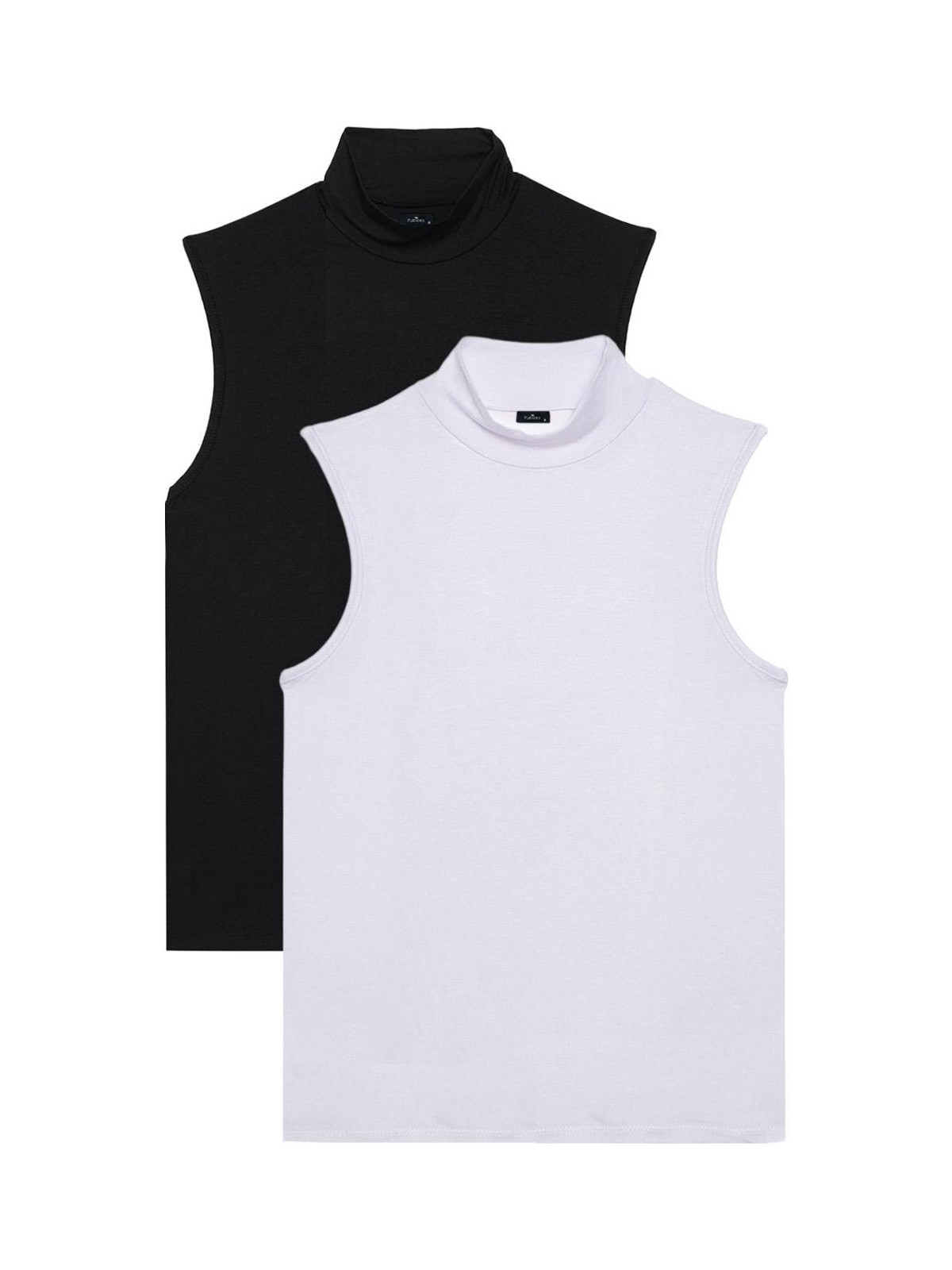 Tudors Kadın 2'li Paket Siyah-Beyaz Regular Fit Klasik Kesim Viskon Kumaş Balıkçı Yaka Sıfır Kol Bluz