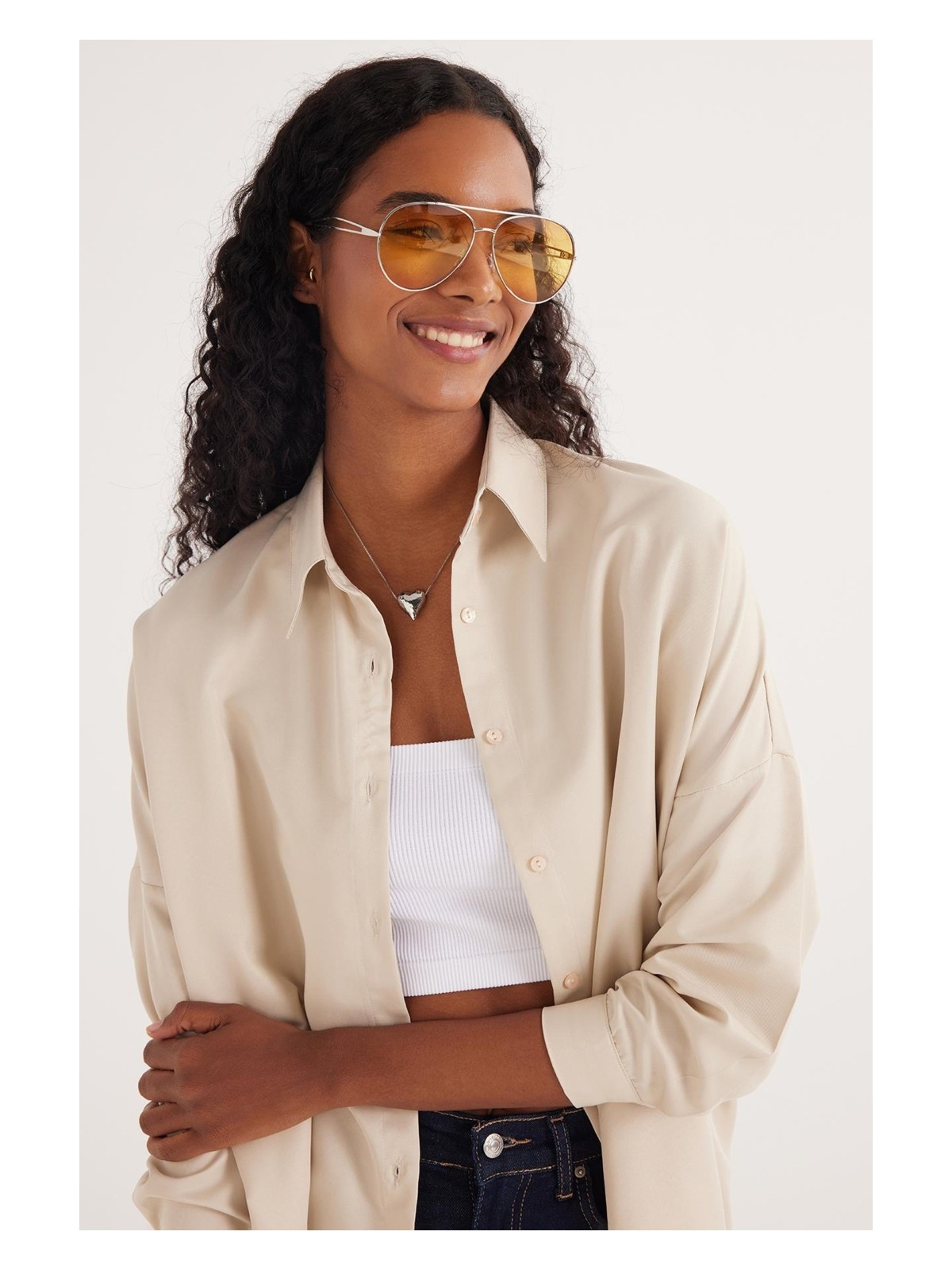 Tudors Kadın Oversize Rahat Kesim Spor Yaka Uzun Kollu Basic Düz Vizon Gömlek - Görsel 5