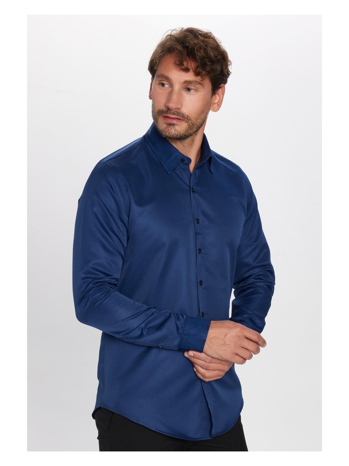 Tudors Slim Fit Uzun Kollu Kolay Ütü Teri Emen Nefes Alan Doku Kravatlık Dört Mevsim Siyah Erkek Gömlek - Görsel 4