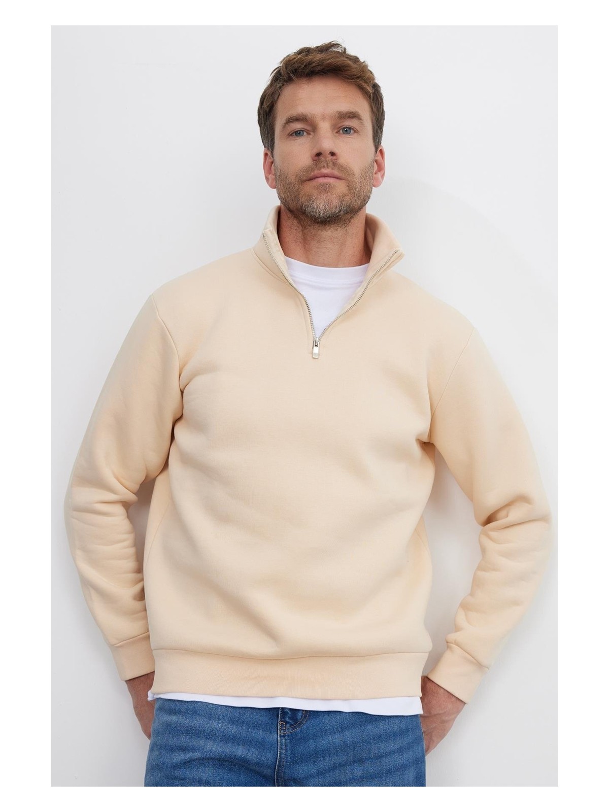 Tudors Unisex Relax Fit Rahat Kesim Pamuklu İçi Polarlı Yarım Fermuarlı Siyah Dik Yaka Sweatshirt - Görsel 3