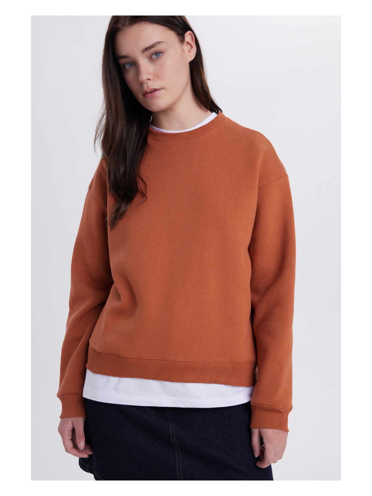 Tudors Kadın Oversize Geniş Kesim Pamuklu Bisiklet Yaka Kiremit Sweatshirt