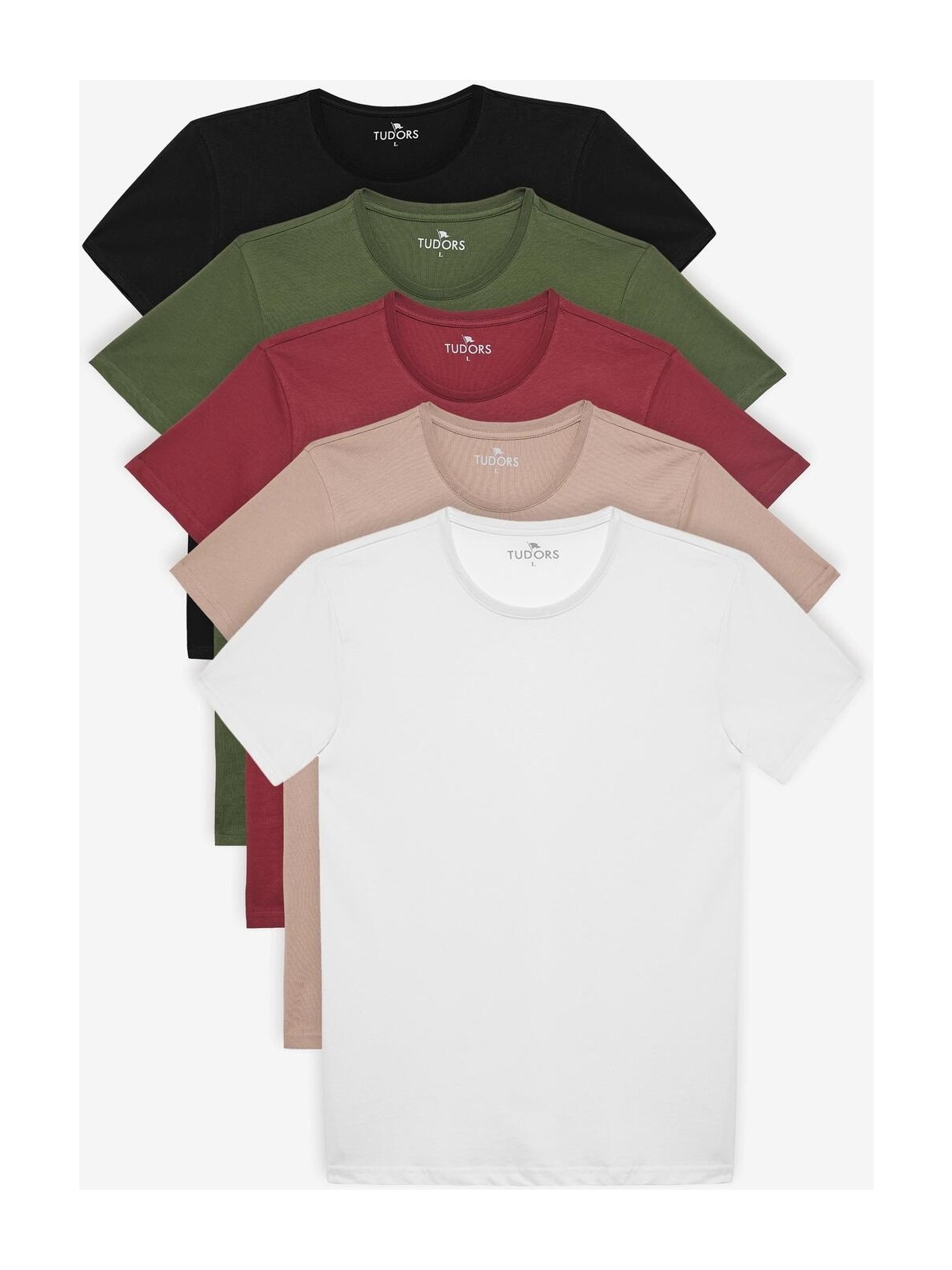 Tudors Unisex 5'li Paket Siyah-Beyaz-Haki-Bordo-Vizon Slim Fit Dar Kesim %100 Pamuk Bisiklet Yaka T-Shirt - Görsel 4