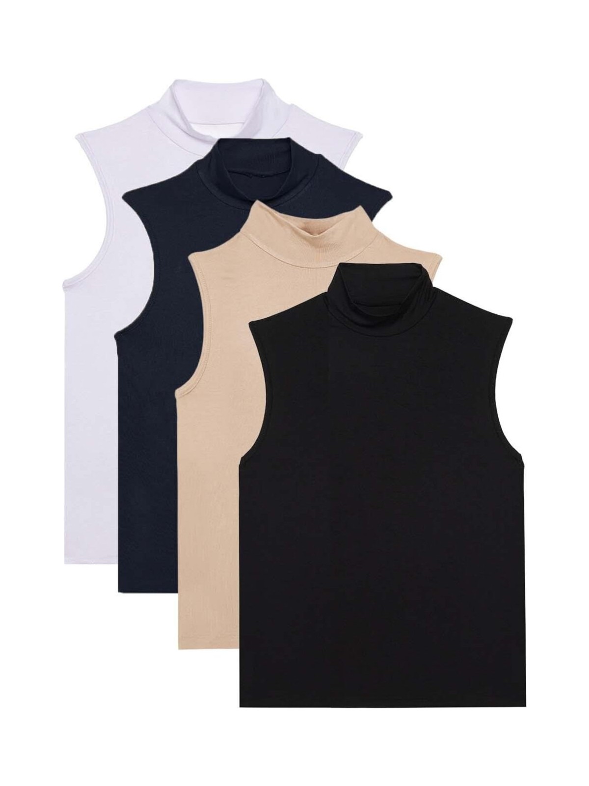 Tudors Kadın 4'lü Paket Beyaz-Lacivert-Bej-Siyah Regular Fit Viskon Kumaş Balıkçı Yaka Sıfır Kol Bluz