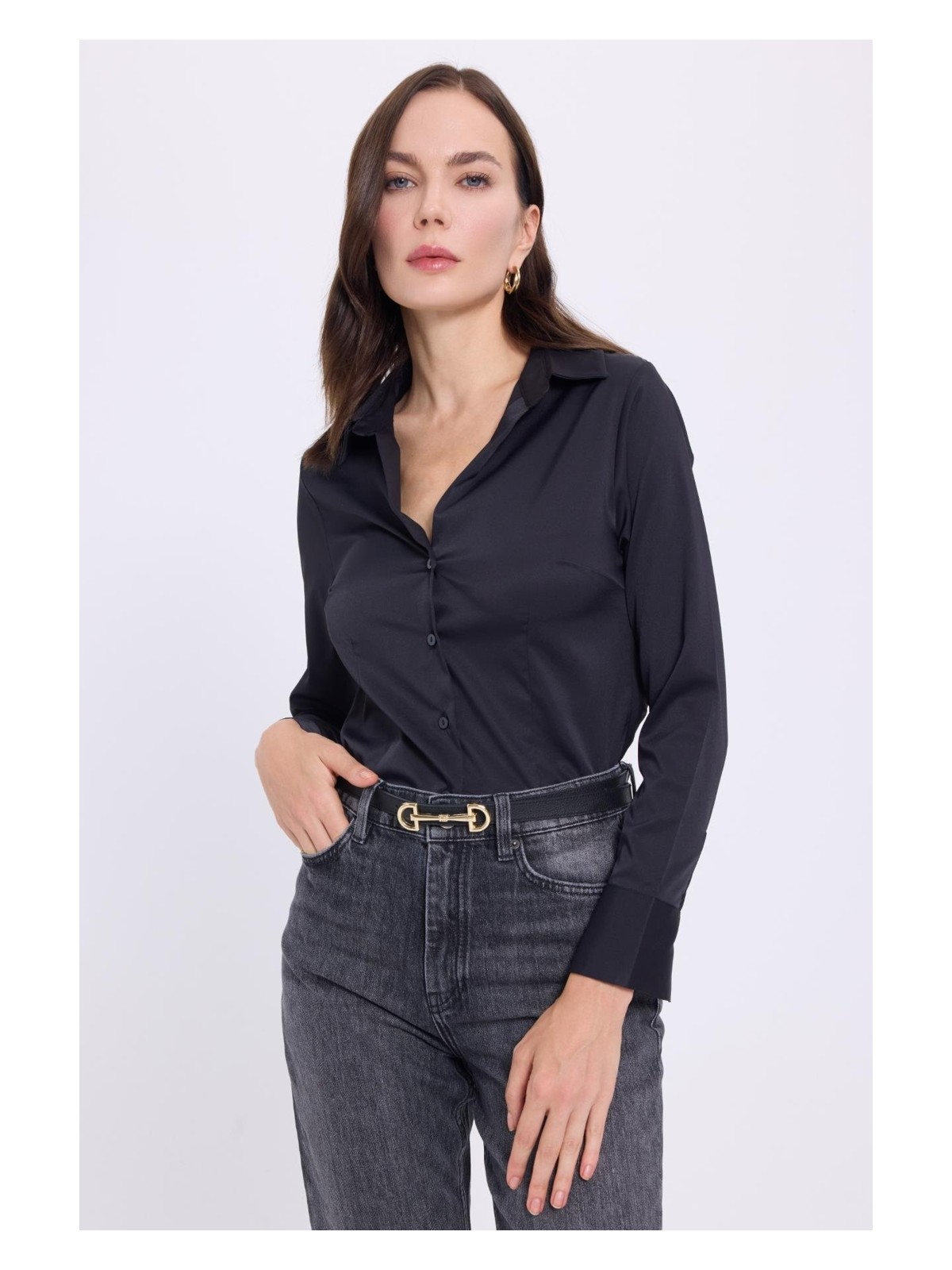 Tudors Kadın Slim Fit Dar Kesim Klasik Yaka Uzun Kollu Siyah Gömlek