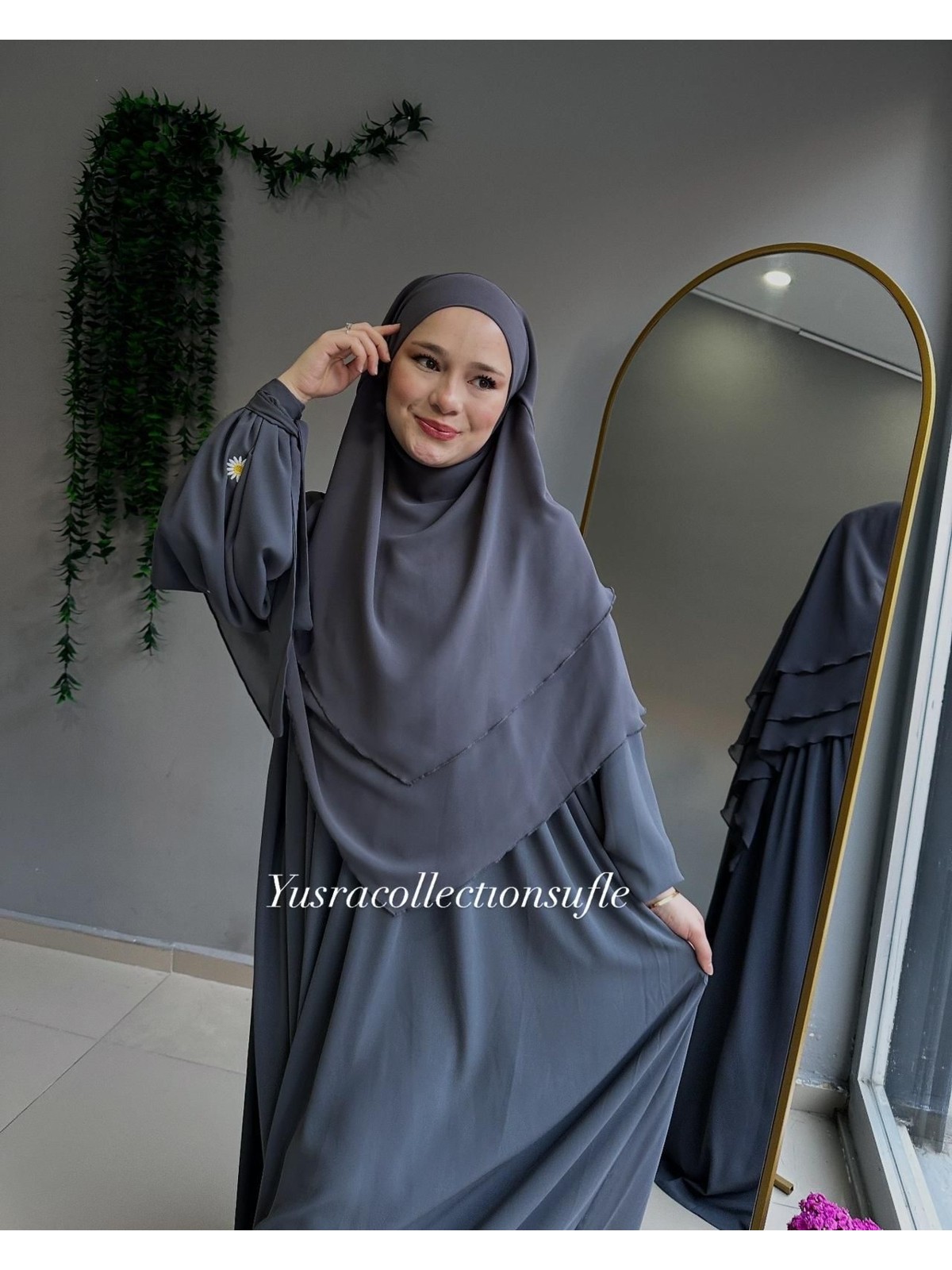 Yüsra Collection Papatya Nakışlı Liza Elbise ve Kısa Sufle 2 'li Takım - Görsel 4