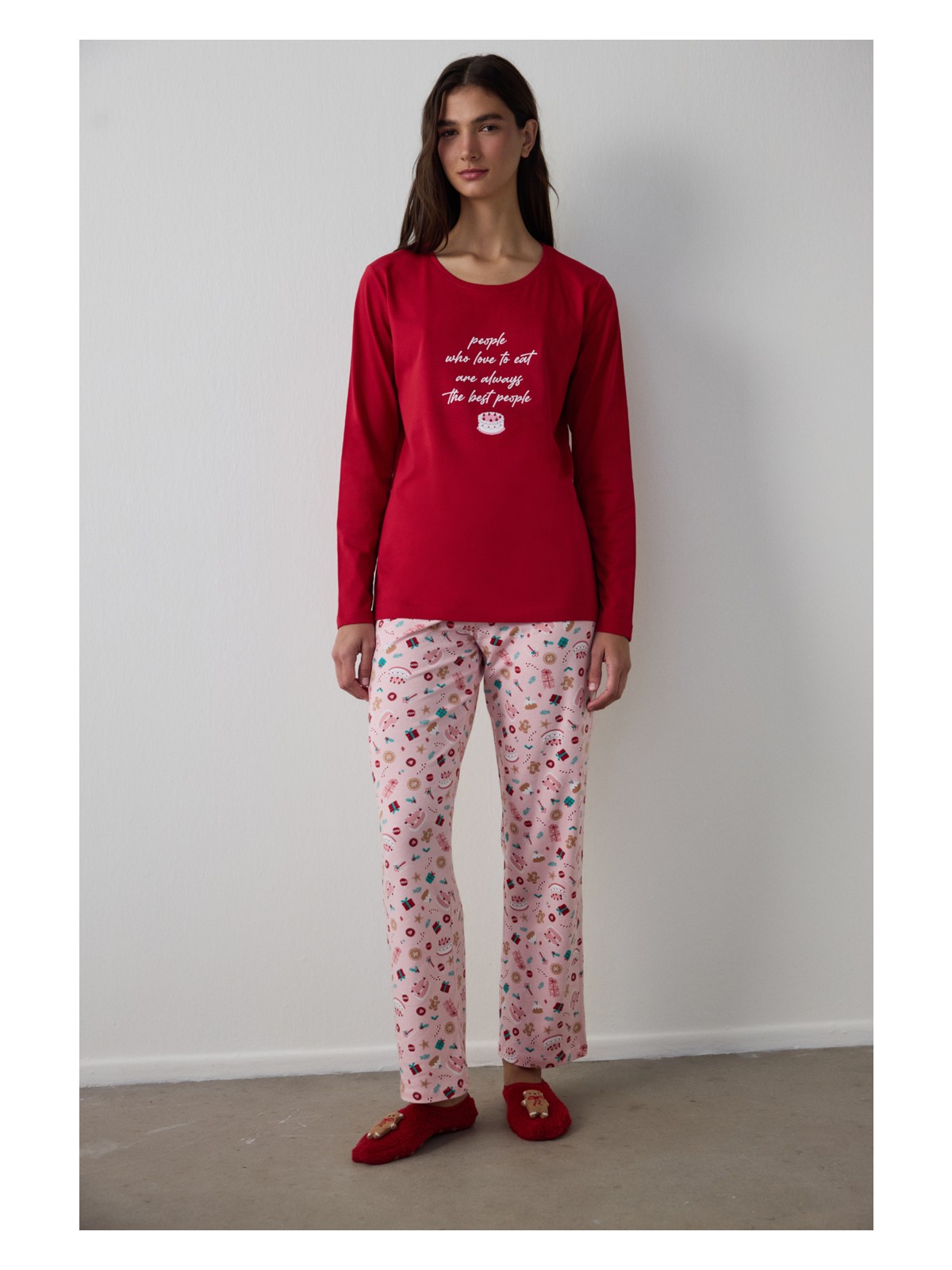 Penti Kırmızı Joyous Time Yılbaşı Temalı Bisiklet Yaka Pamuklu Uzun Kollu Pijama Takımı