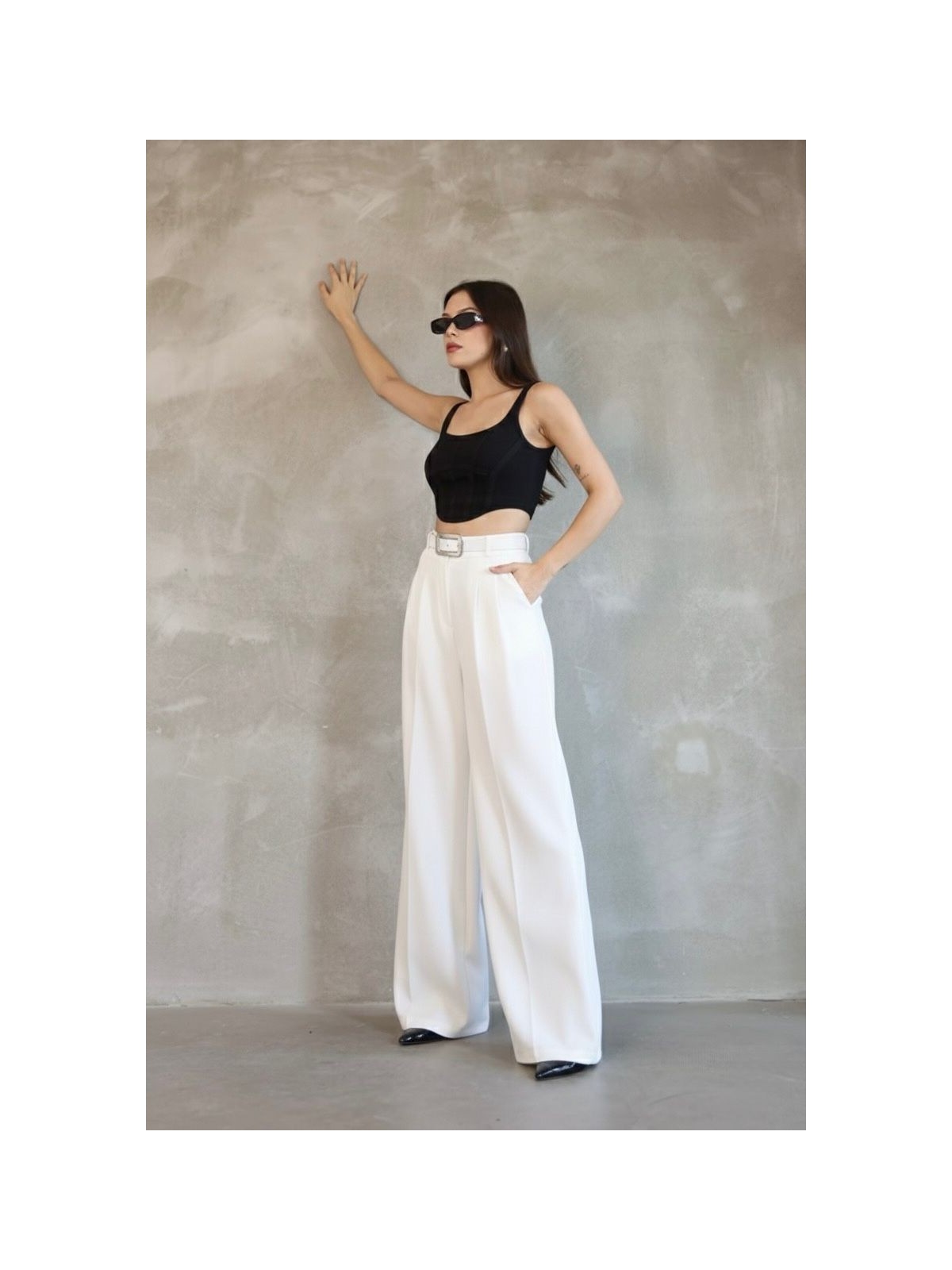 Haka Giyim Kadın Palazzo Pileli Pantolon Ithal Doubleface Kumaş Yüksek Kaliteli Ürün Yüksek Bel Kemerli - Görsel 4