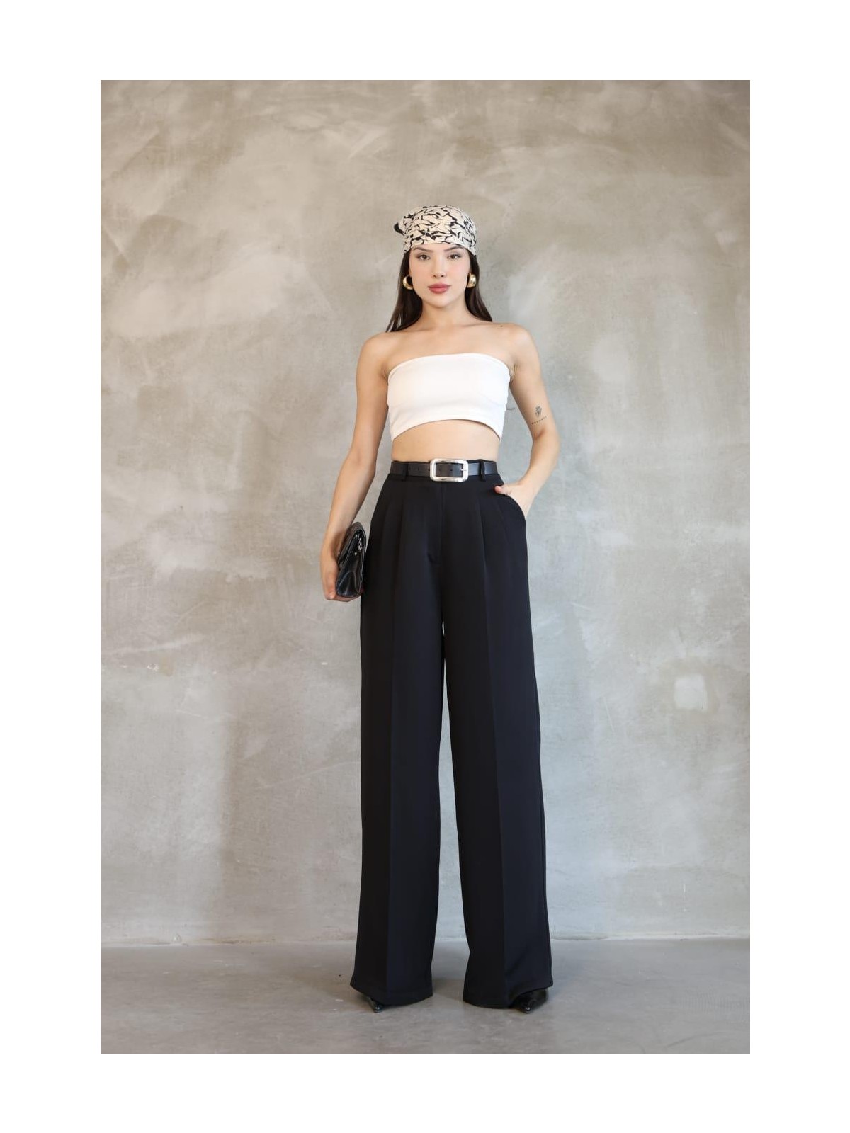 Haka Giyim Kadın Palazzo Pileli Pantolon Ithal Doubleface Kumaş Yüksek Kaliteli Ürün Yüksek Bel Kemerli - Görsel 3