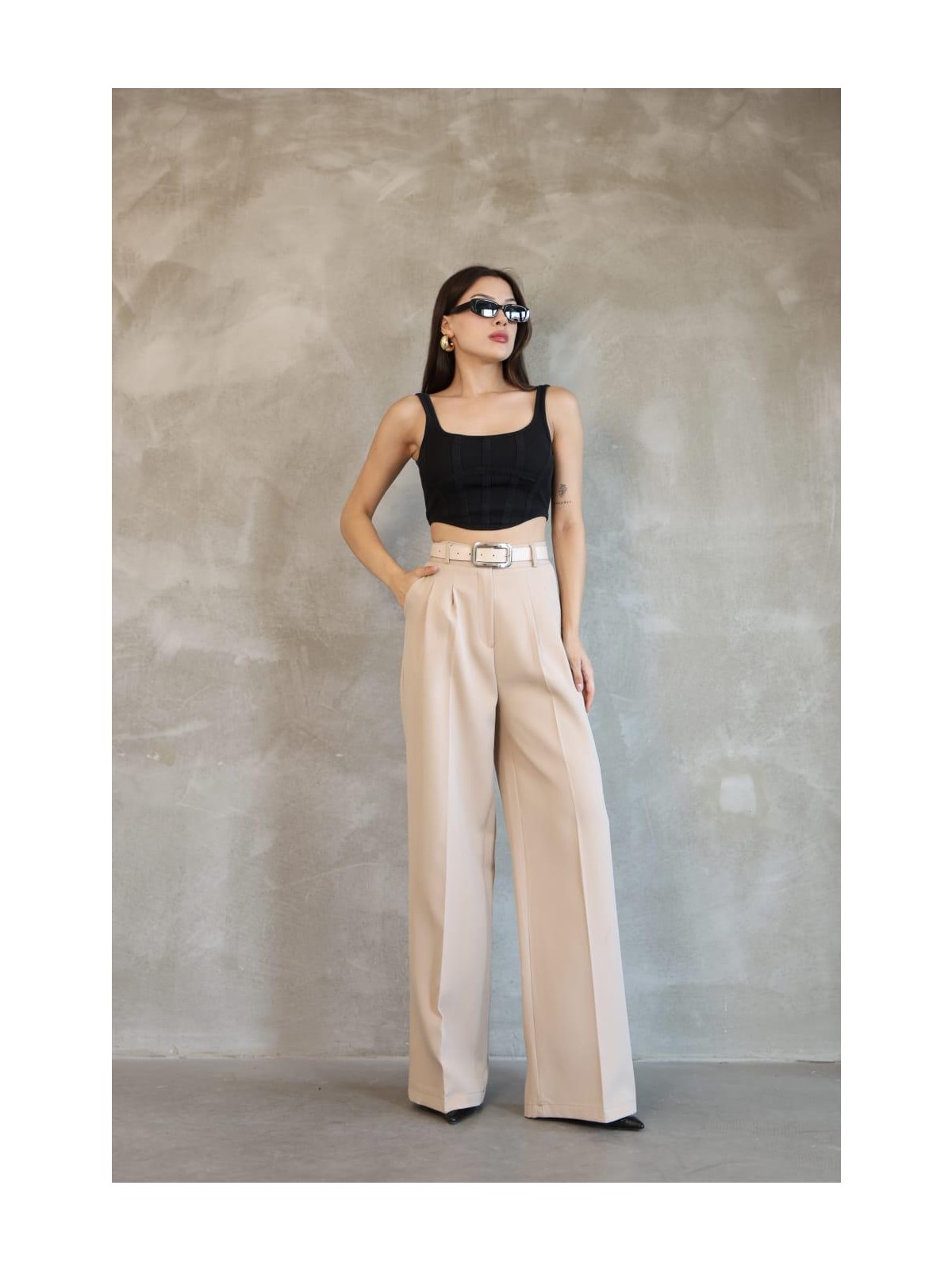 Haka Giyim Kadın Palazzo Pileli Pantolon Ithal Doubleface Kumaş Yüksek Kaliteli Ürün Yüksek Bel Kemerli - Görsel 5