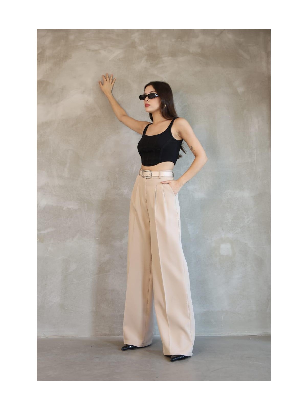 Haka Giyim Kadın Palazzo Pileli Pantolon Ithal Doubleface Kumaş Yüksek Kaliteli Ürün Yüksek Bel Kemerli - Görsel 5