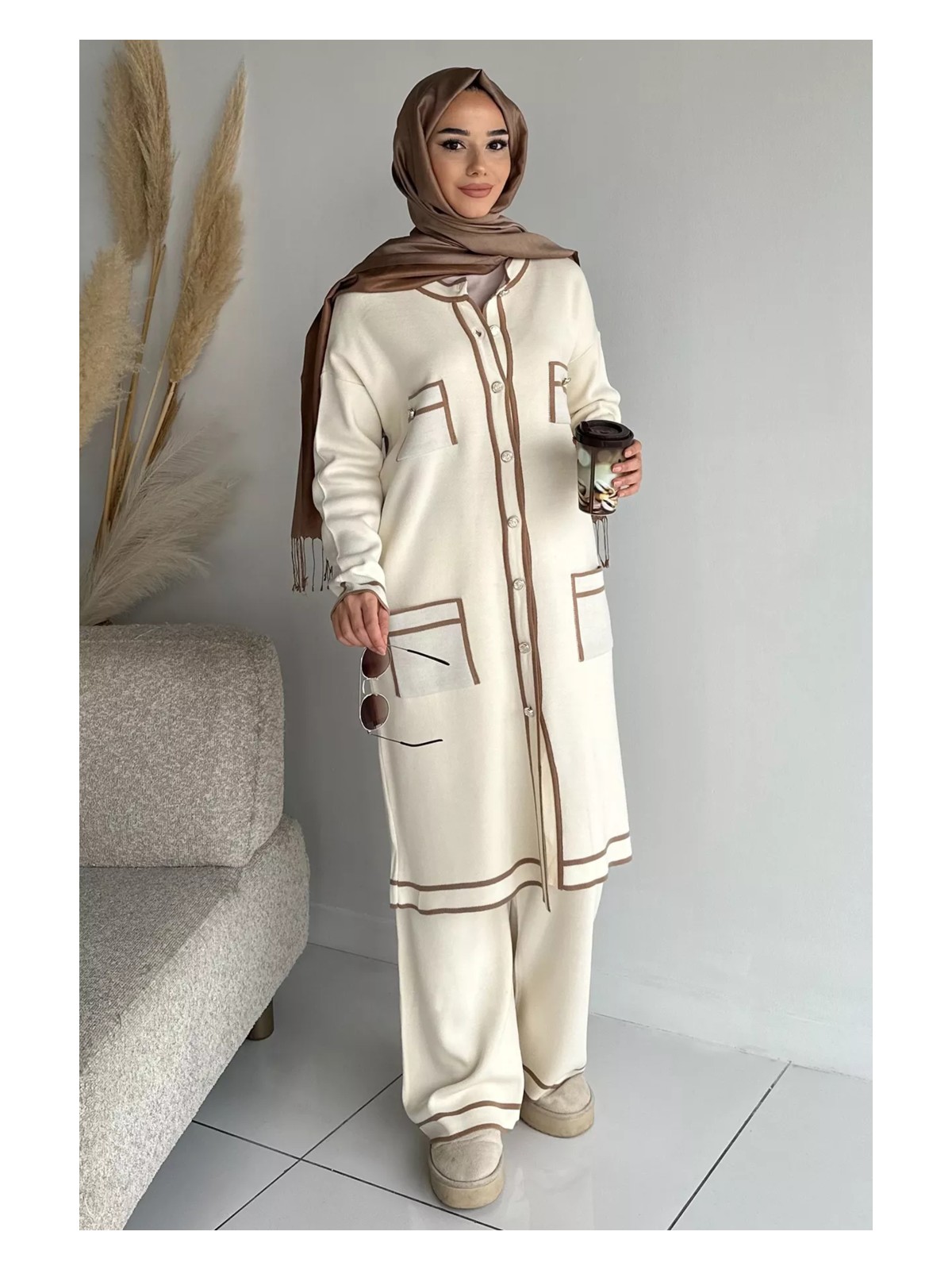 Julude Ön Düğmeli Tesettür Triko Hırka Bel Lastikli Pantolon Ikili Takım P-00019052