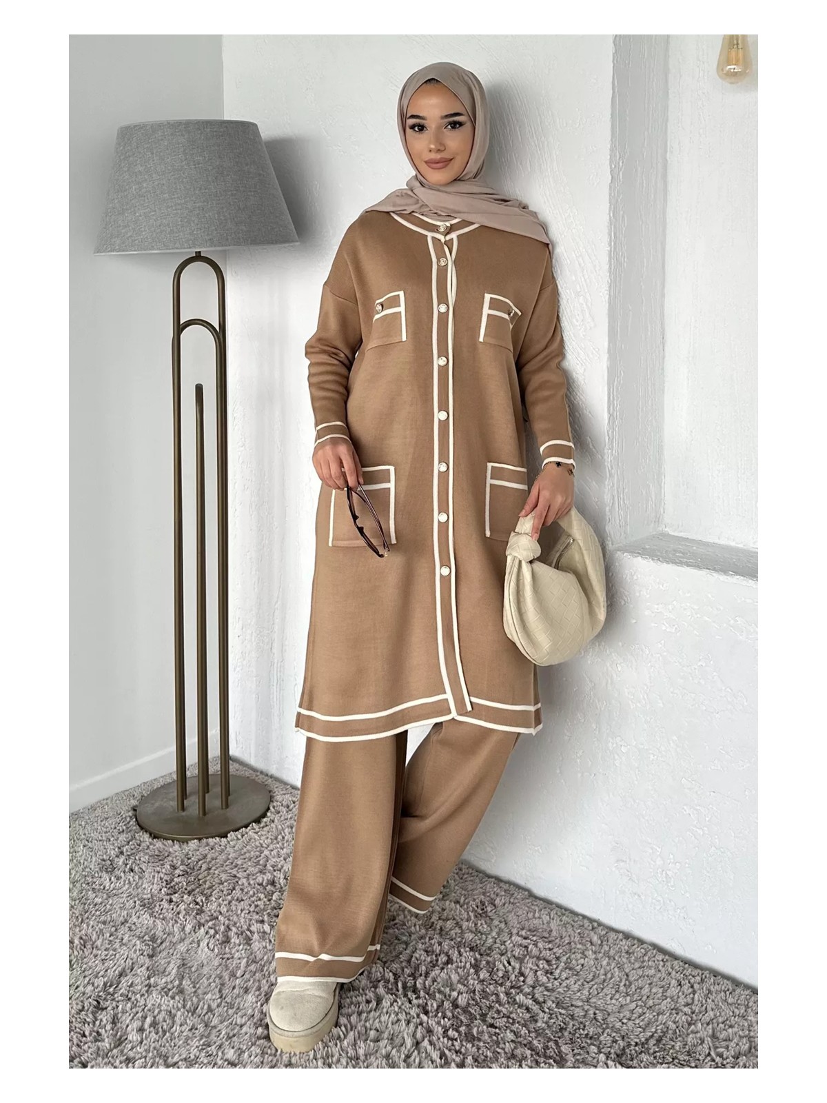 Julude Ön Düğmeli Tesettür Triko Hırka Bel Lastikli Pantolon Ikili Takım P-00019052