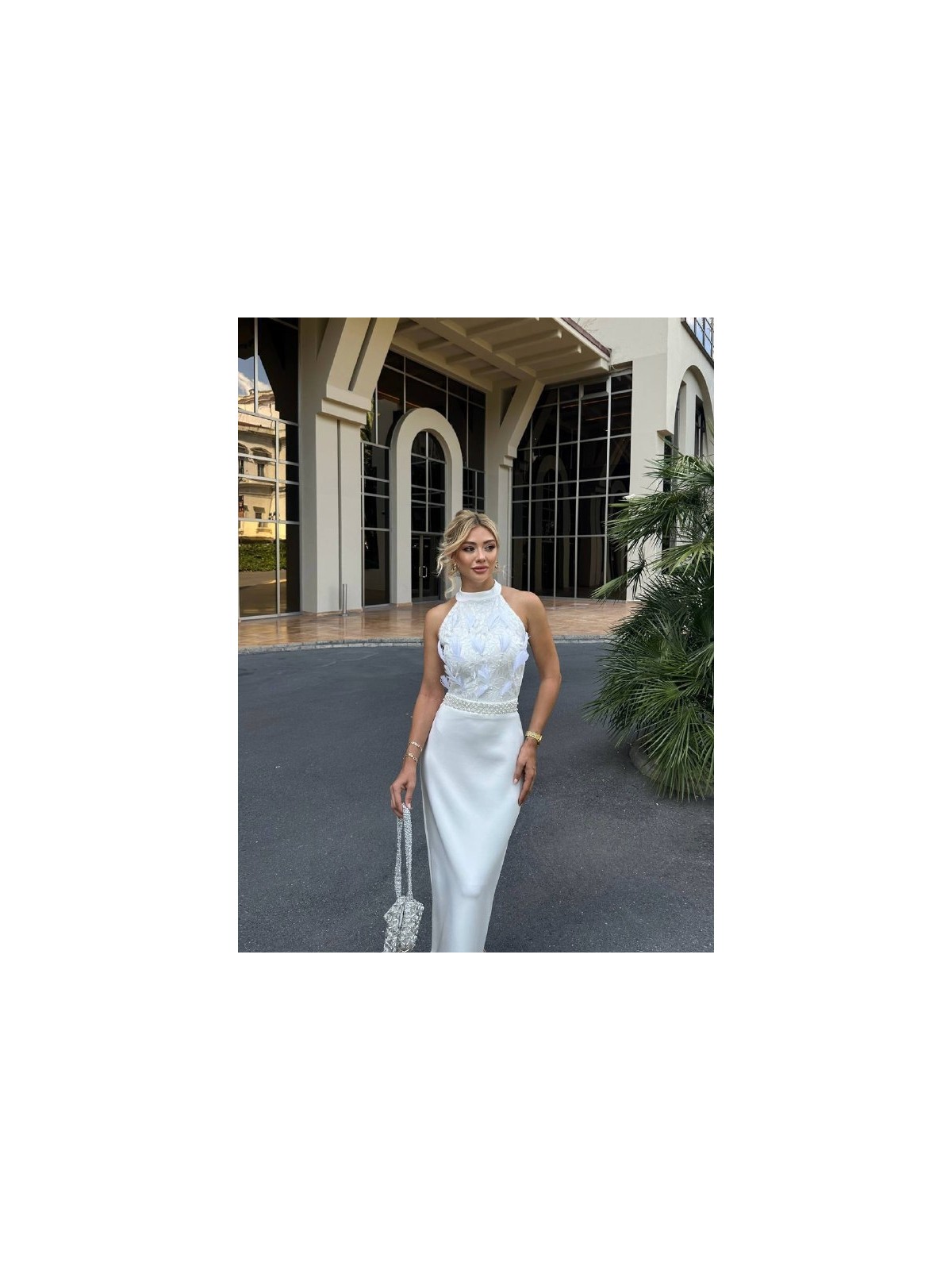 Kadın Halter Yaka Payetli Tüy ve Incili Abiye Elbise - Görsel 3