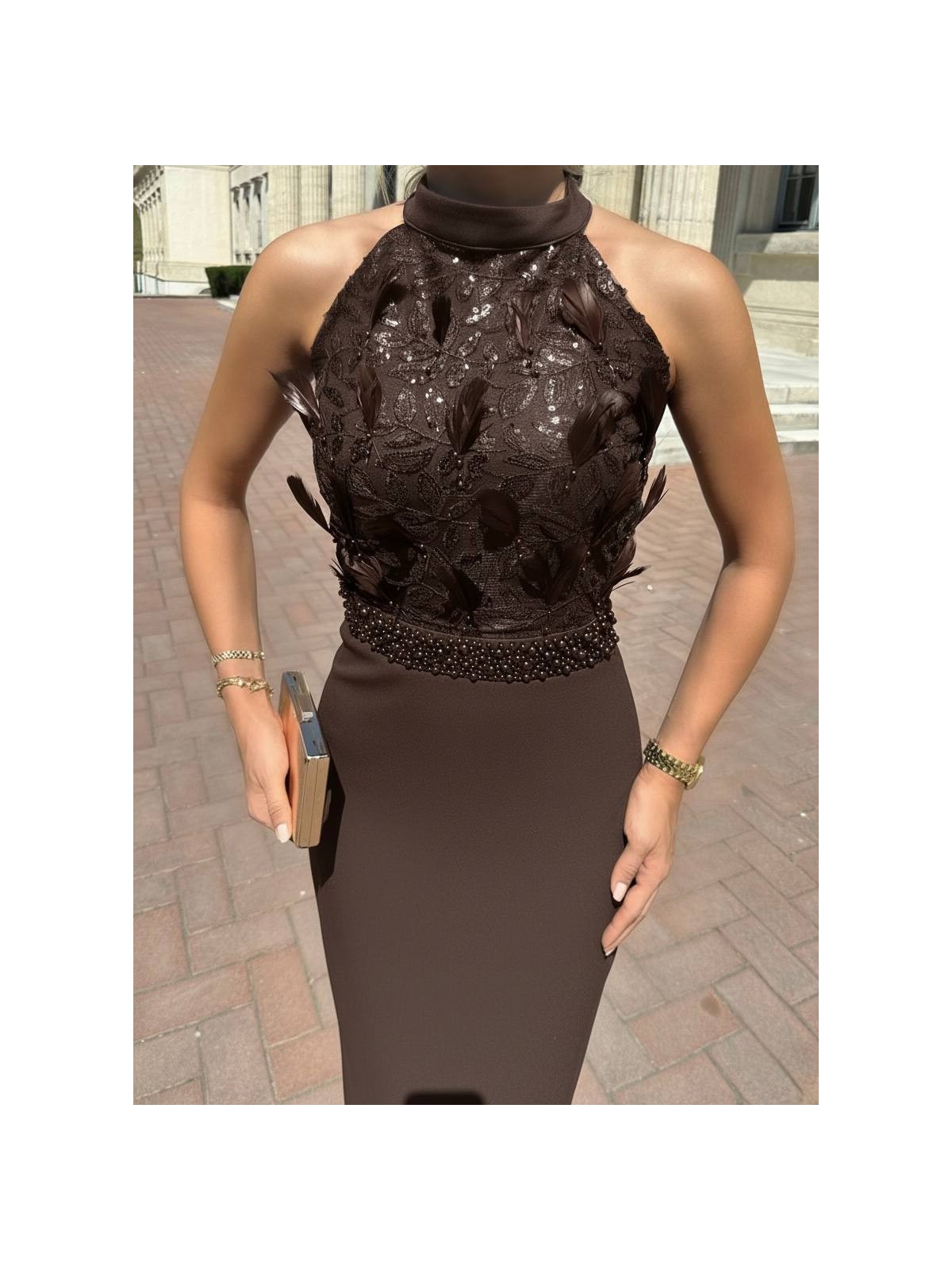 Kadın Halter Yaka Payetli Tüy ve Incili Abiye Elbise - Görsel 4