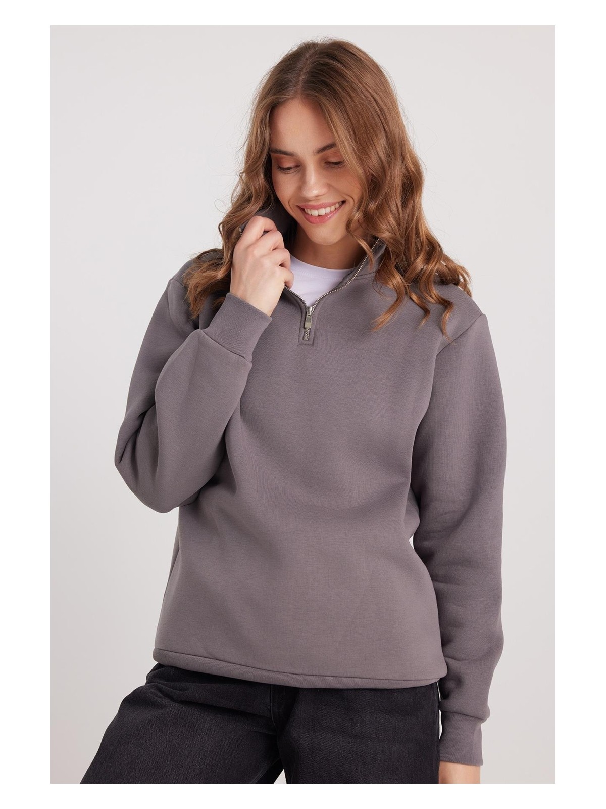 Tudors Kadın Relax Fit Rahat Kesim Pamuklu Içi Polarlı Yarım Fermuarlı Gri Dik Yaka Sweatshirt