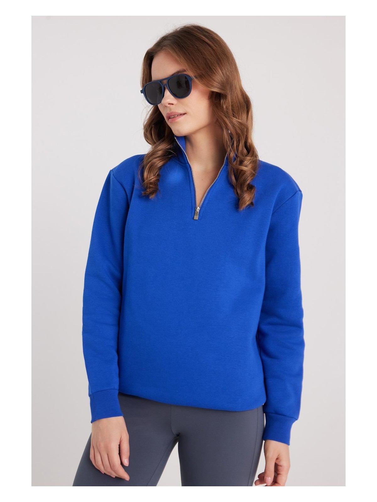 Tudors Kadın Relax Fit Rahat Kesim Pamuklu Içi Polarlı Yarım Fermuarlı Sax Mavi Dik Yaka Sweatshirt