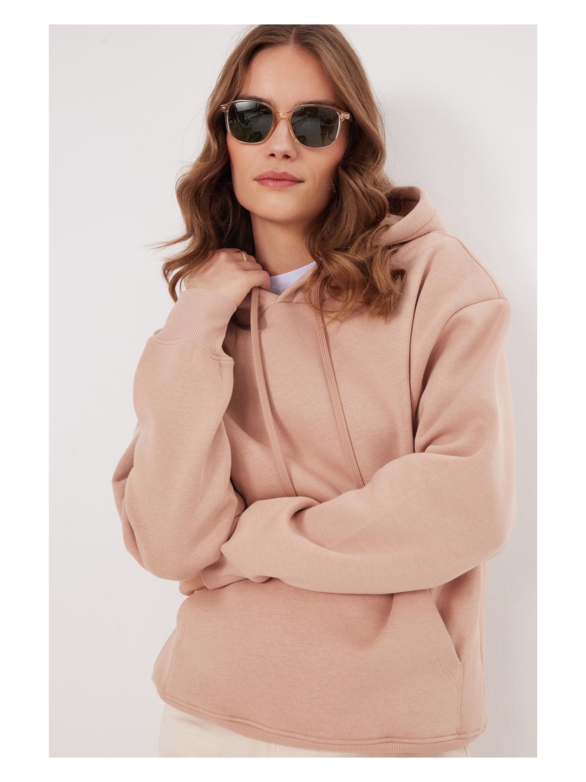 Tudors Kadın Oversize Geniş Kesim Pamuklu Yumuşak Dokulu Içi Polarlı Basic Vizon Kapüşonlu Sweatshirt