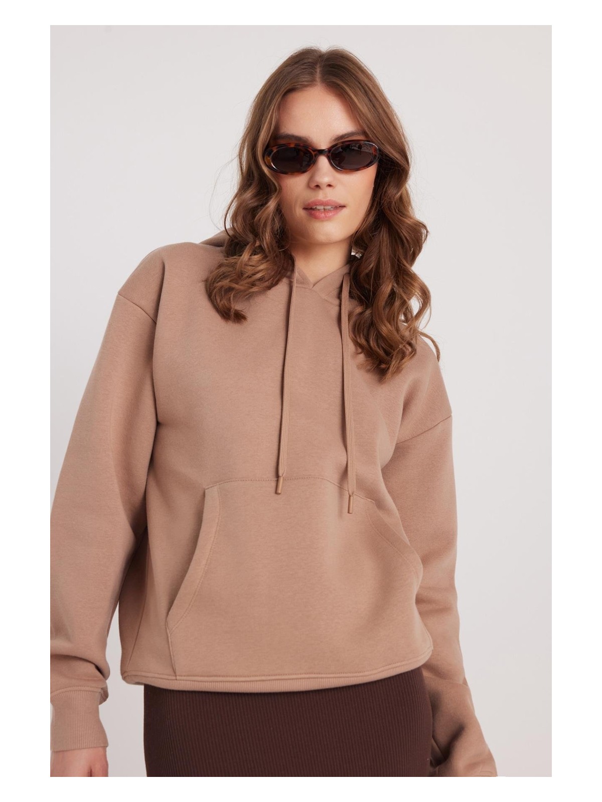 Tudors Kadın Oversize Geniş Kesim Pamuklu Yumuşak Dokulu Içi Polarlı Basic Vizon Kapüşonlu Sweatshirt