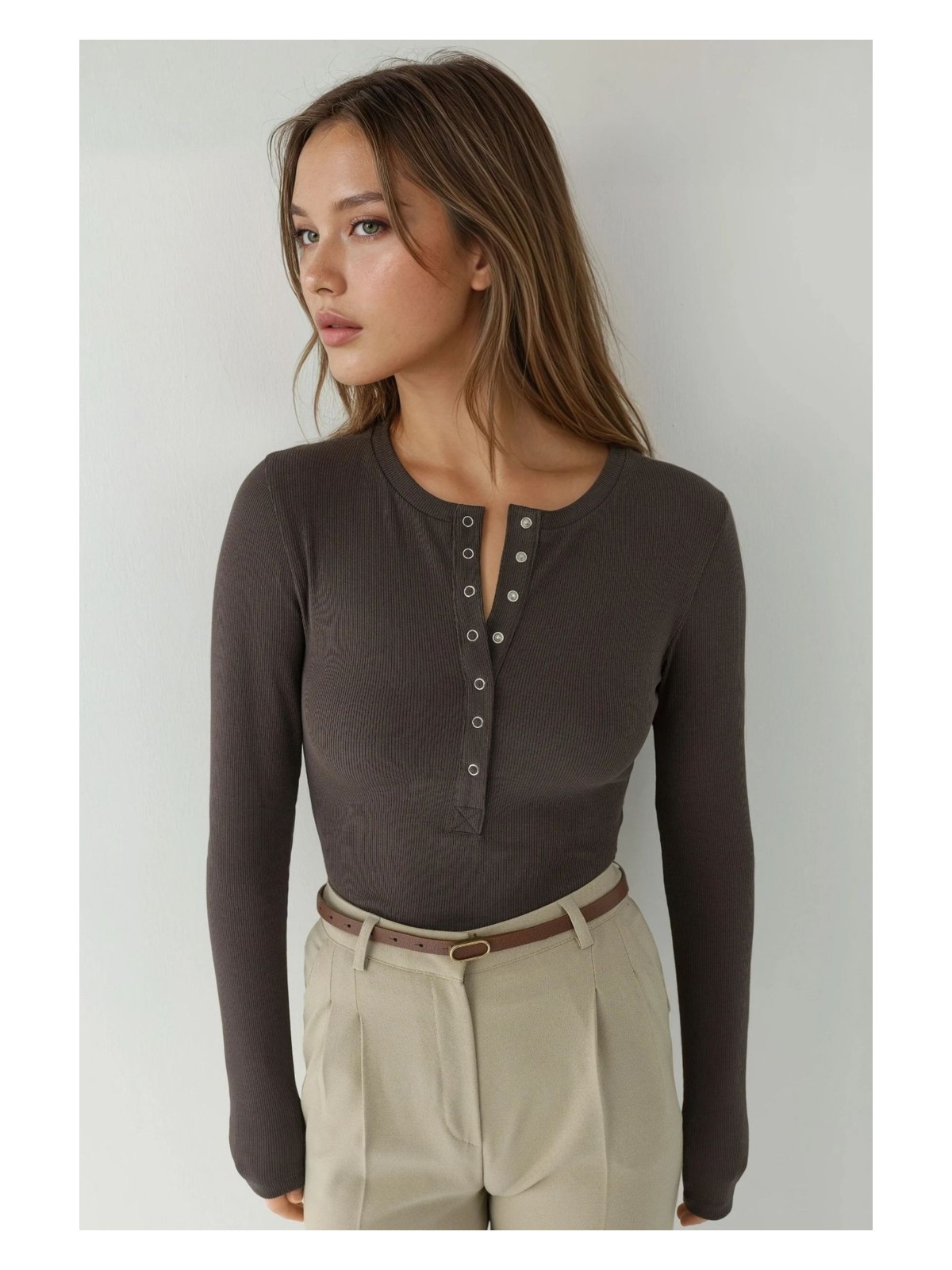 Hiccup Kadın Fitilli Çıtçıtlı Yaka Esnek Örme Üst Koyu Mocha Kahve