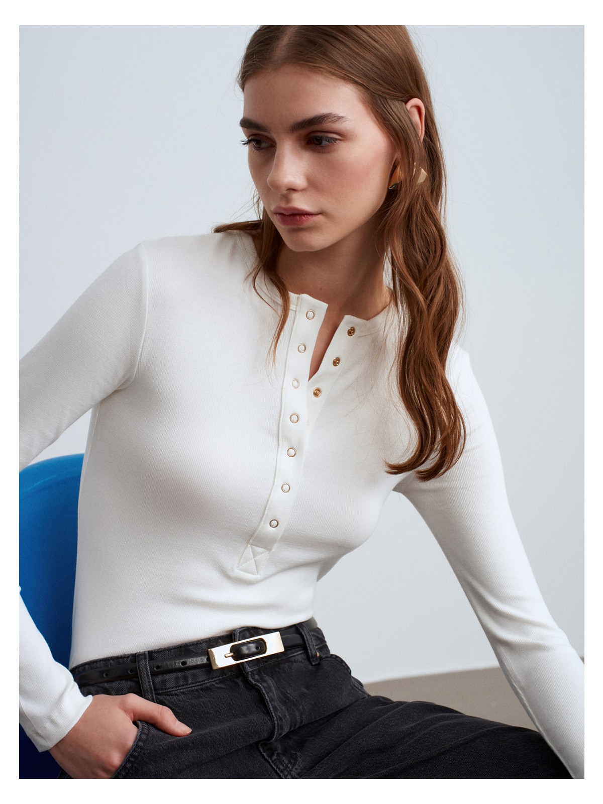 Dilvin 32024 Çıtçıtlı Uzun Kollu Top-Koyu Kahve - Görsel 4