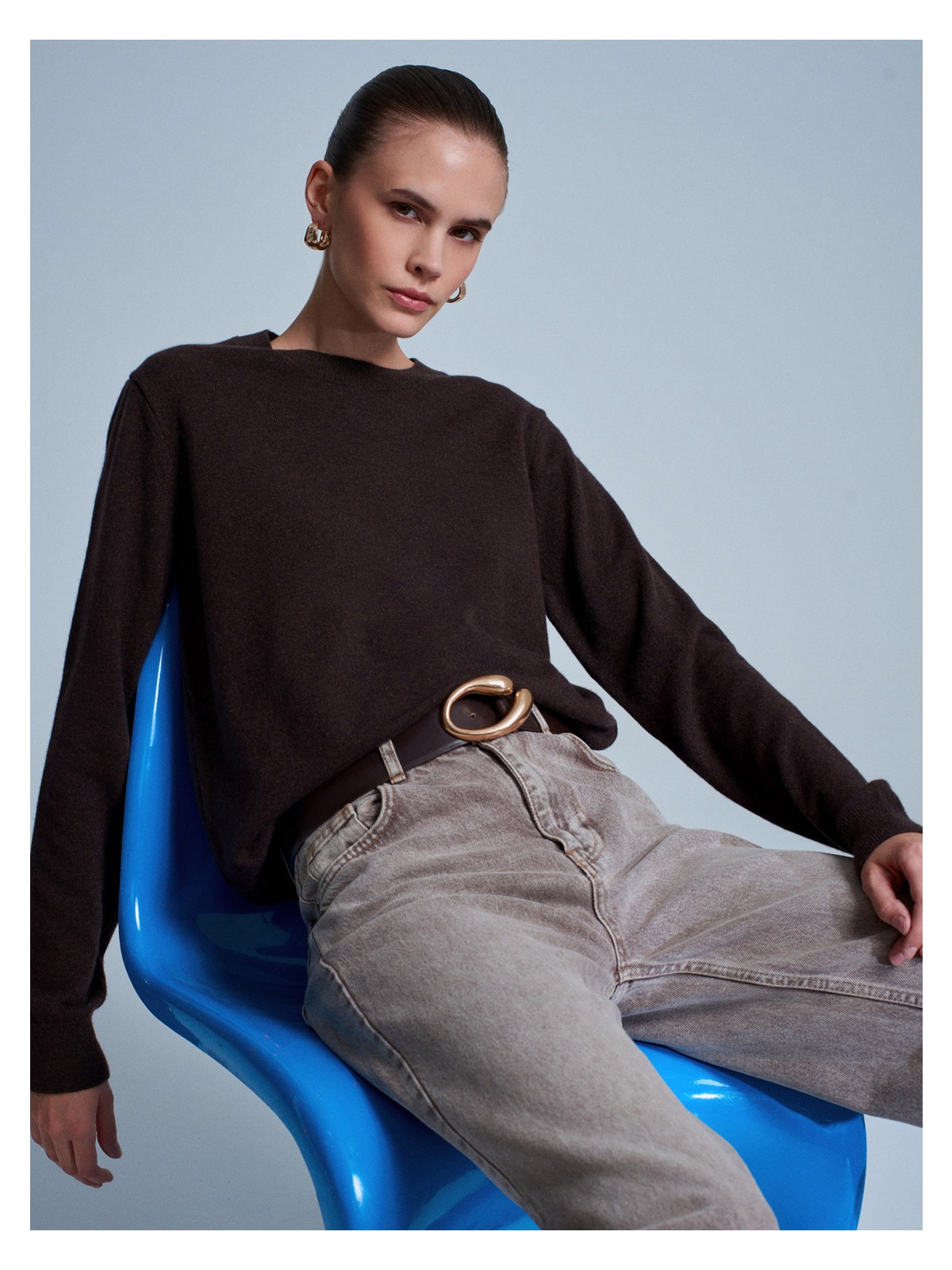 Dilvin 10847 %100 Kaşmir Bisiklet Yaka Kazak-Ekru - Görsel 3