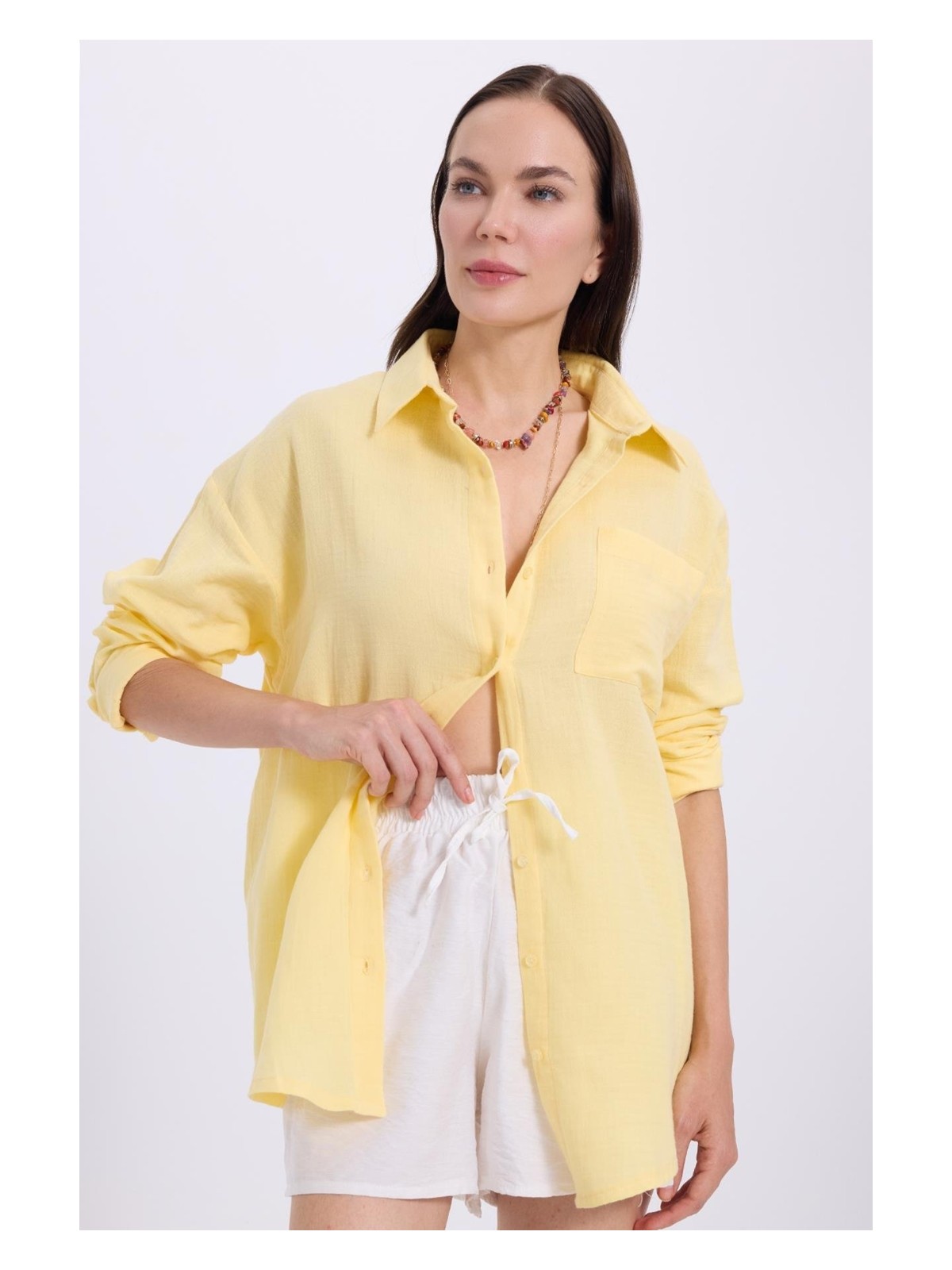 Tudors Kadın Oversize Geniş Kesim %100 Pamuk Müslin Kumaş Uzun Kollu Cepli Dokulu Bordo Gömlek - Görsel 7