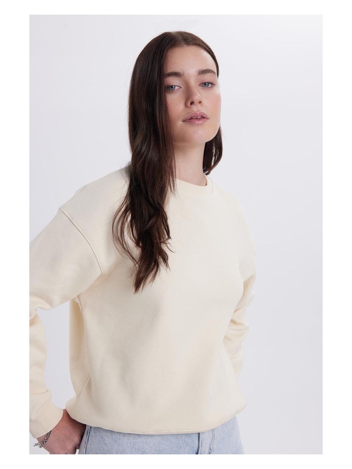 Tudors Kadın Oversize Geniş Kesim Pamuklu Bisiklet Yaka Taş Sweatshirt