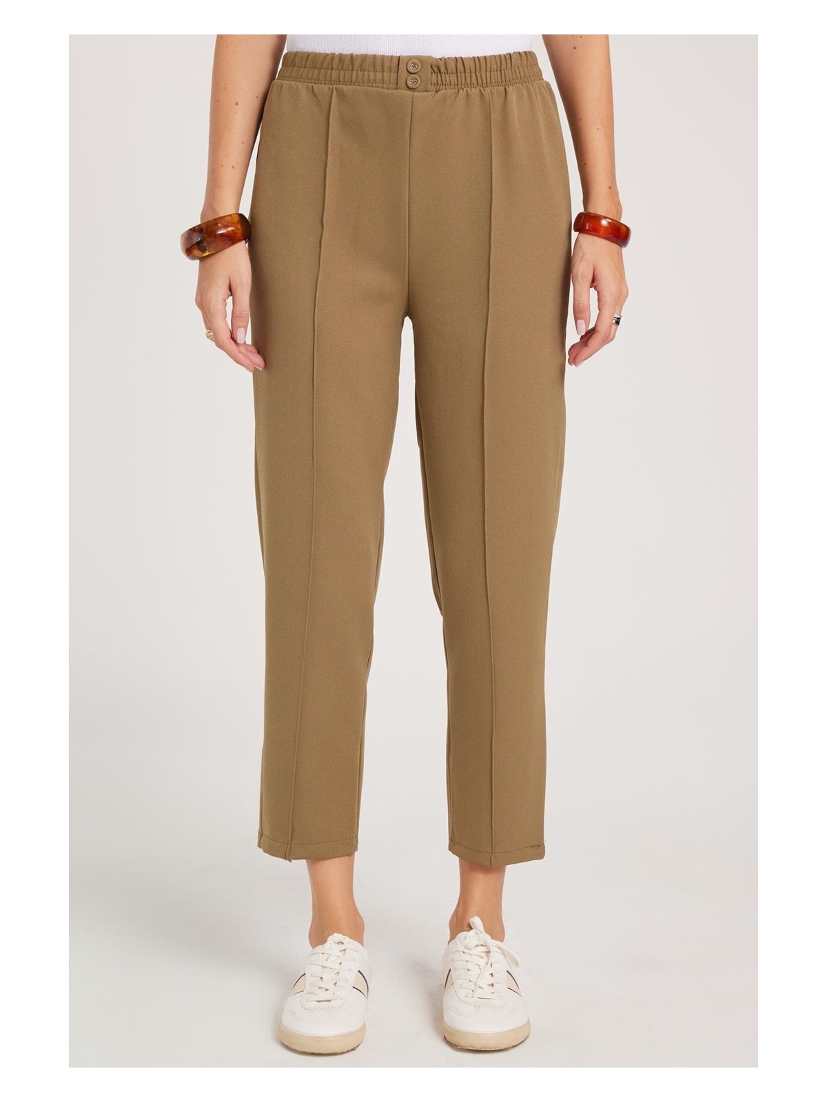 Tudors Kadın Relax Fit Rahat Kesim Yüksel Bel Düz Paça Beli Lastikli Vizon Pantolon - Görsel 8