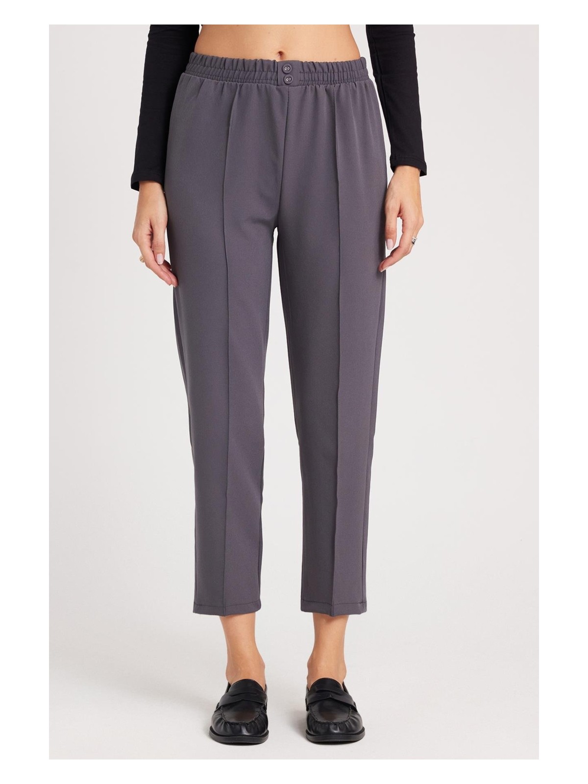 Tudors Kadın Relax Fit Rahat Kesim Yüksel Bel Düz Paça Beli Lastikli Koyu Kahve Pantolon - Görsel 6