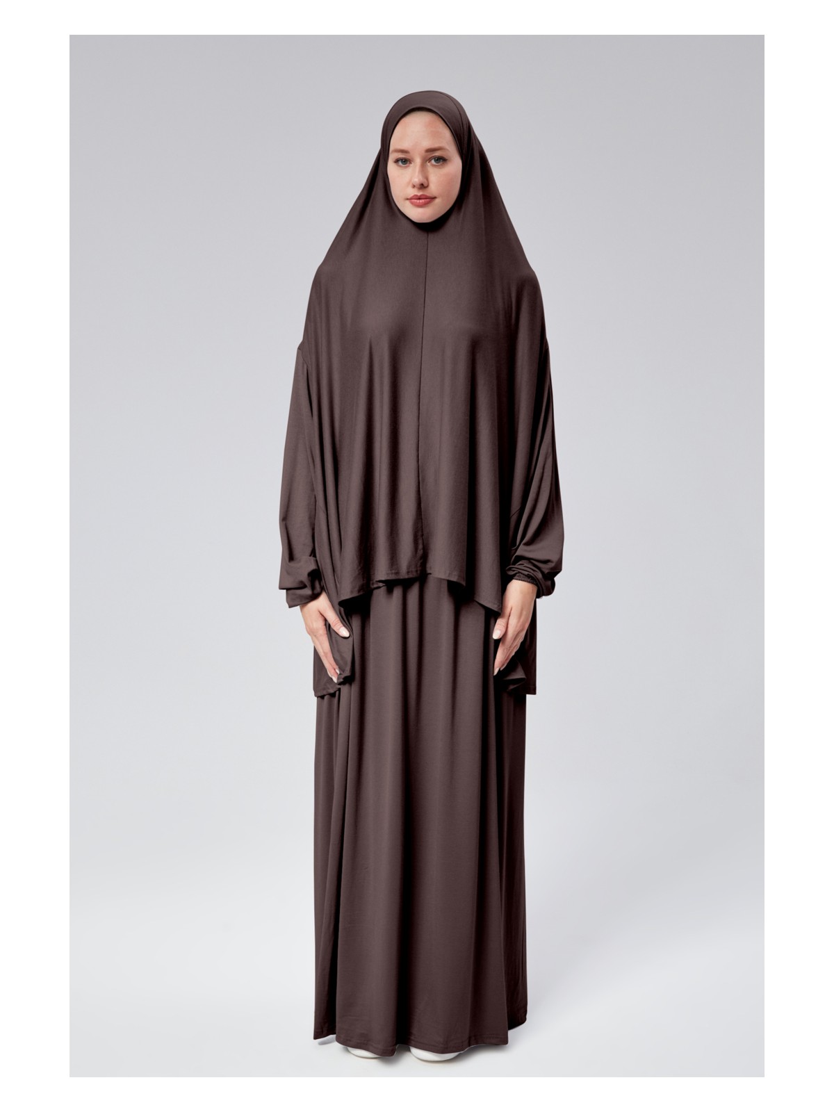 Sonbahar Moda Kadın Iki Parça Namaz Elbisesi Başörtülü Organik Pamuklu Lastikli Kolu Kaymaz Etek Penye Tesettür