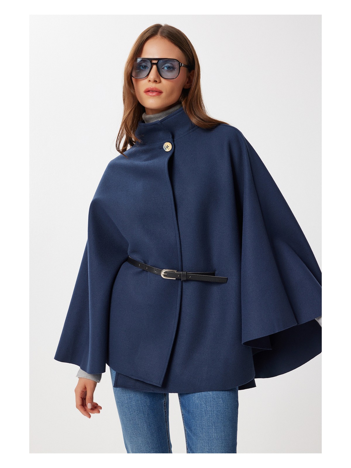 Happiness İstanbul Kemerli Düğmeli Kaşe Panço LGP0026 Lacivert