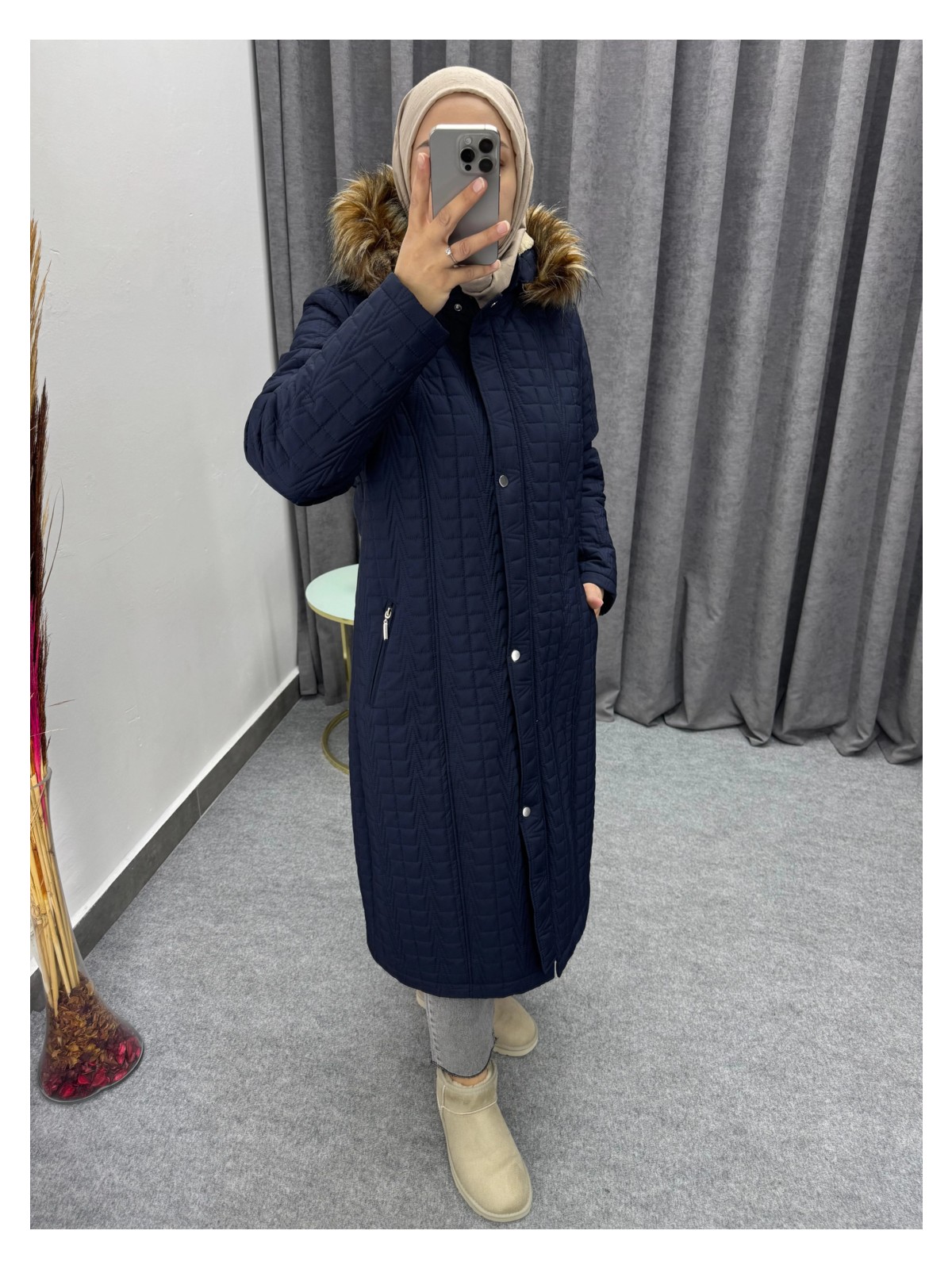 TUTveAL Collection Kadın Içi Kürklü Mont Uzun Kapitone Mont Kapüşonlu Büyük Beden Mont - Vizon-50 - Görsel 6